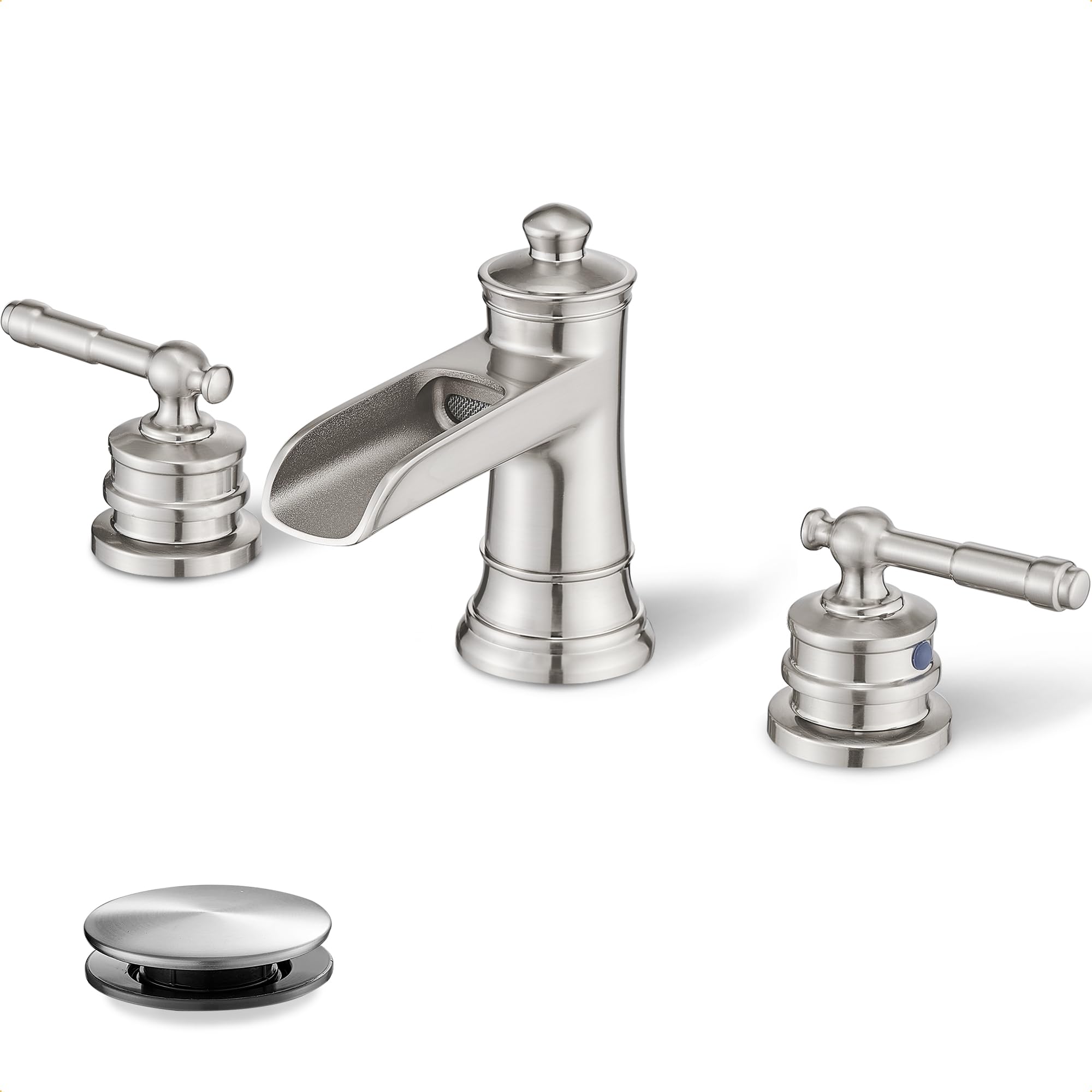 Wudkey 1-Piece Widespread Bathroom Faucet with Pop-Up Drain in Brushed Nickel Brass Waterfall Faucet for Bathroom Sink