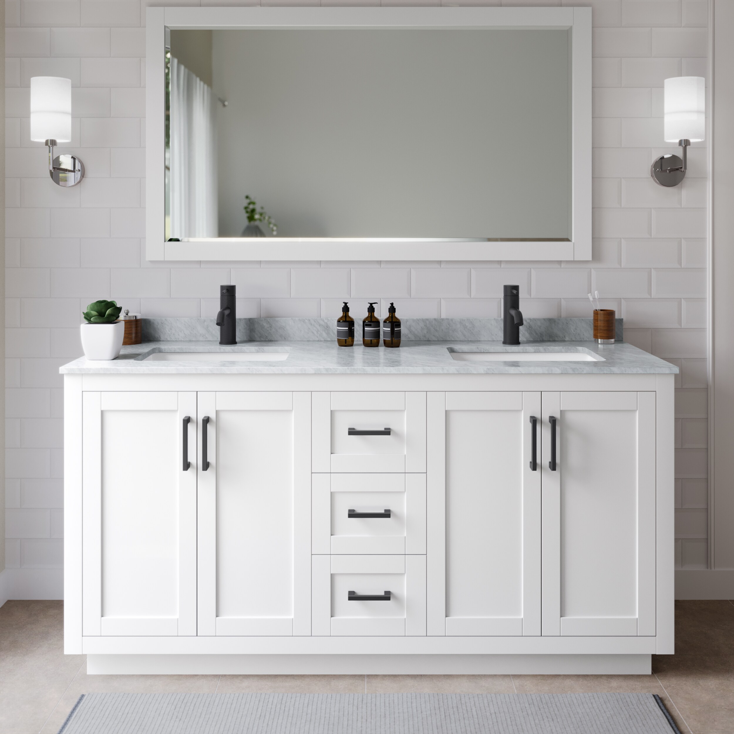 Wyndham Collection WCF292966DWBCMUNSM58 Miranda 66-in White with Matte Black Trim Undermount Double sink Bathroom Vanity with White Carrara Marble Marble Top (Mirror Included)