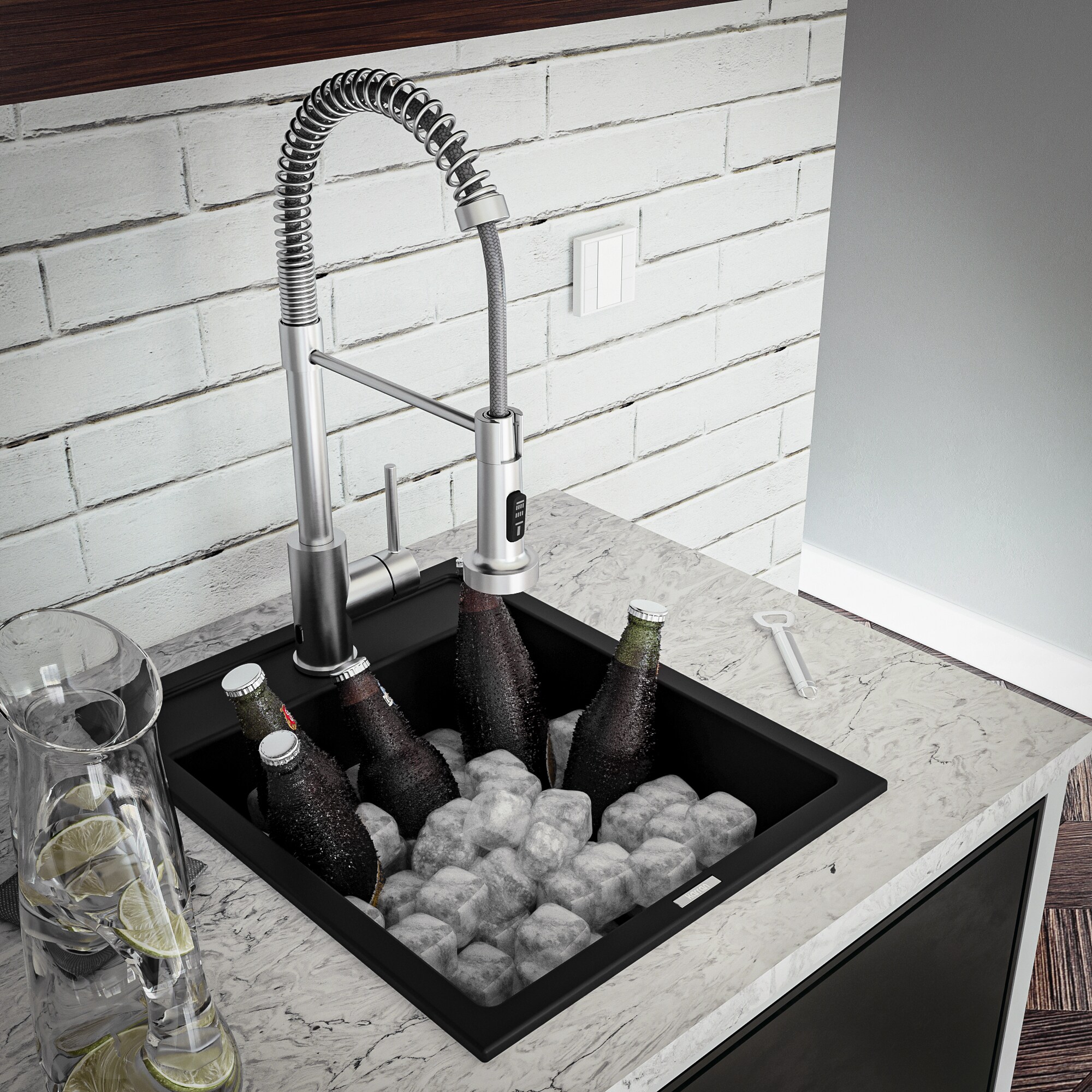 Black Quartz Composite Single Bowl Drop-In Kitchen Sink