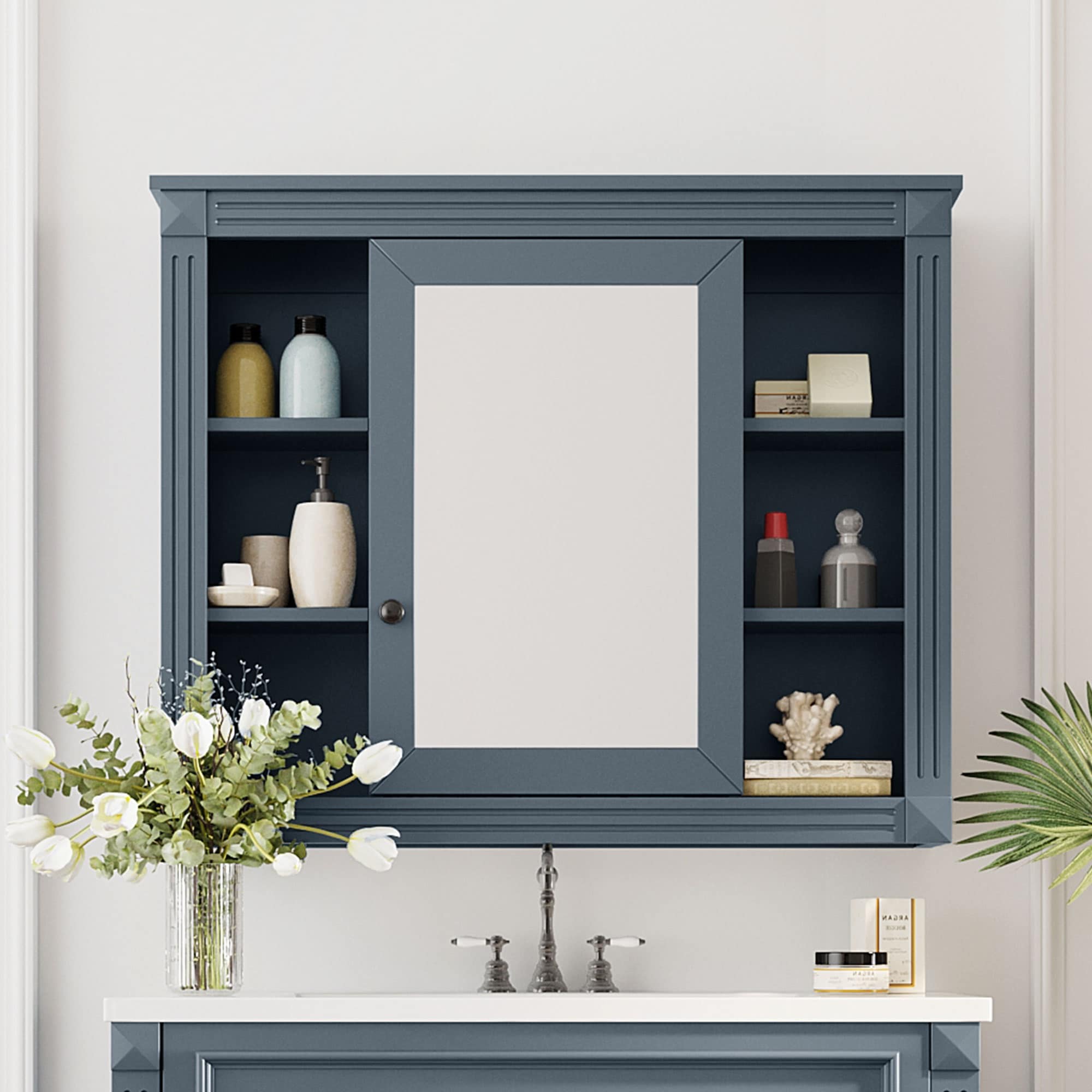 LOVMOR 35-in x 7.1-in x 28.7-in Blue Bathroom Wall Cabinet with Mirror and Open Shelves #SF-W-WF305081AAC