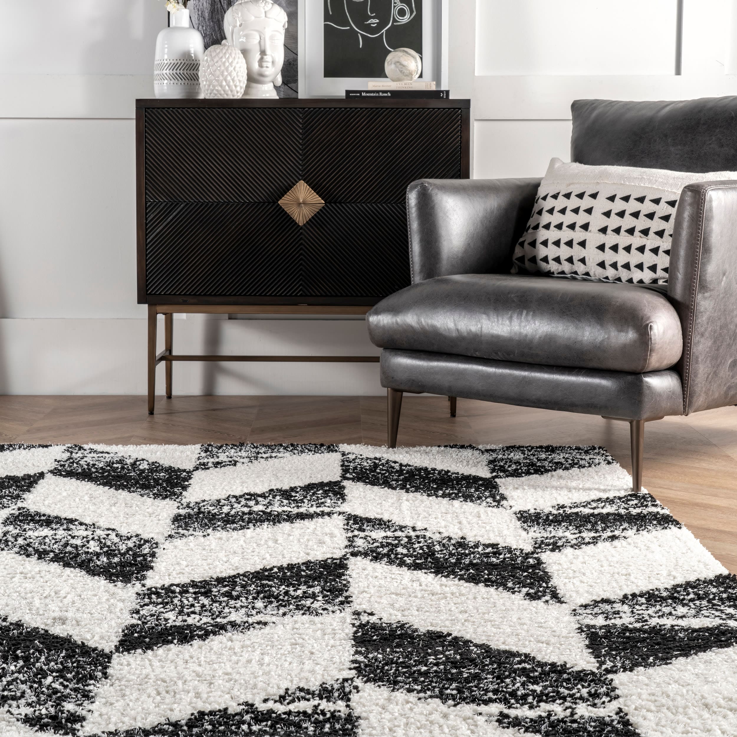 Elysian Herringbone 9' x 12' Black and White Shag Area Rug