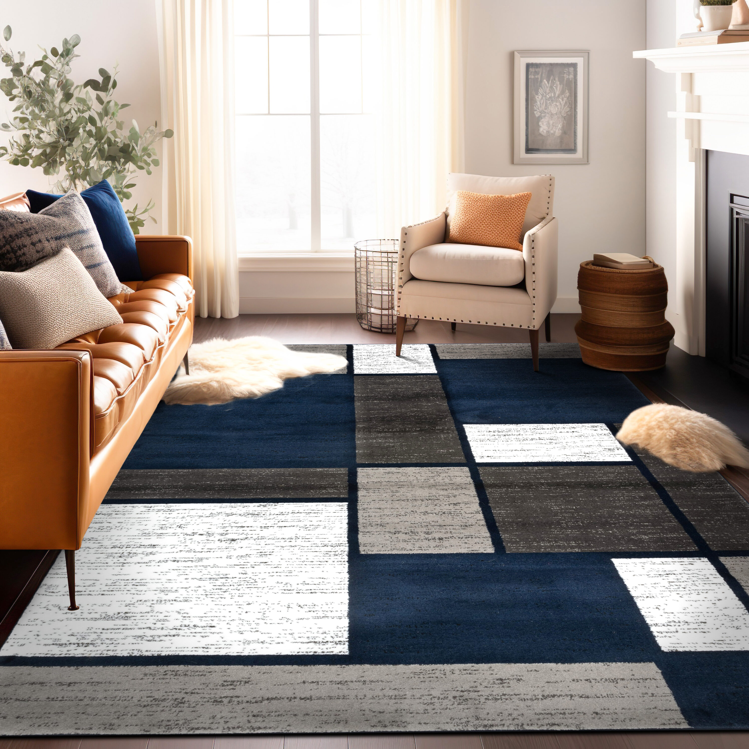World Rug Gallery 106NAVY5X8 Florence 5 x 7 (ft) Loomed Polypropylene Navy Rectangular Indoor Geometric Mid-Century Modern Area rug
