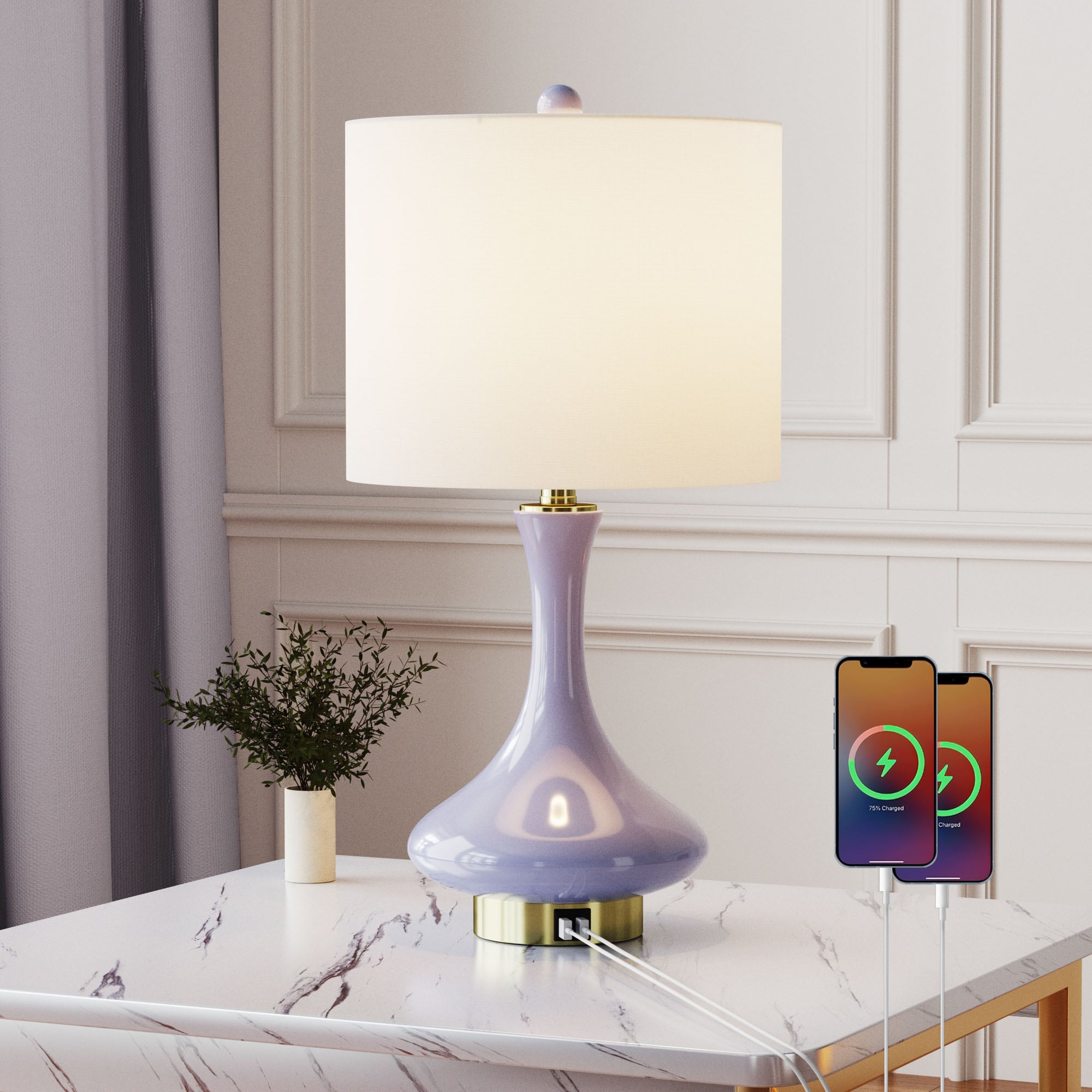 Maxax T252-PE-S Deluxe 23.5-in Purple ang Bronze Rotary socket Table Lamp with Linen Shade