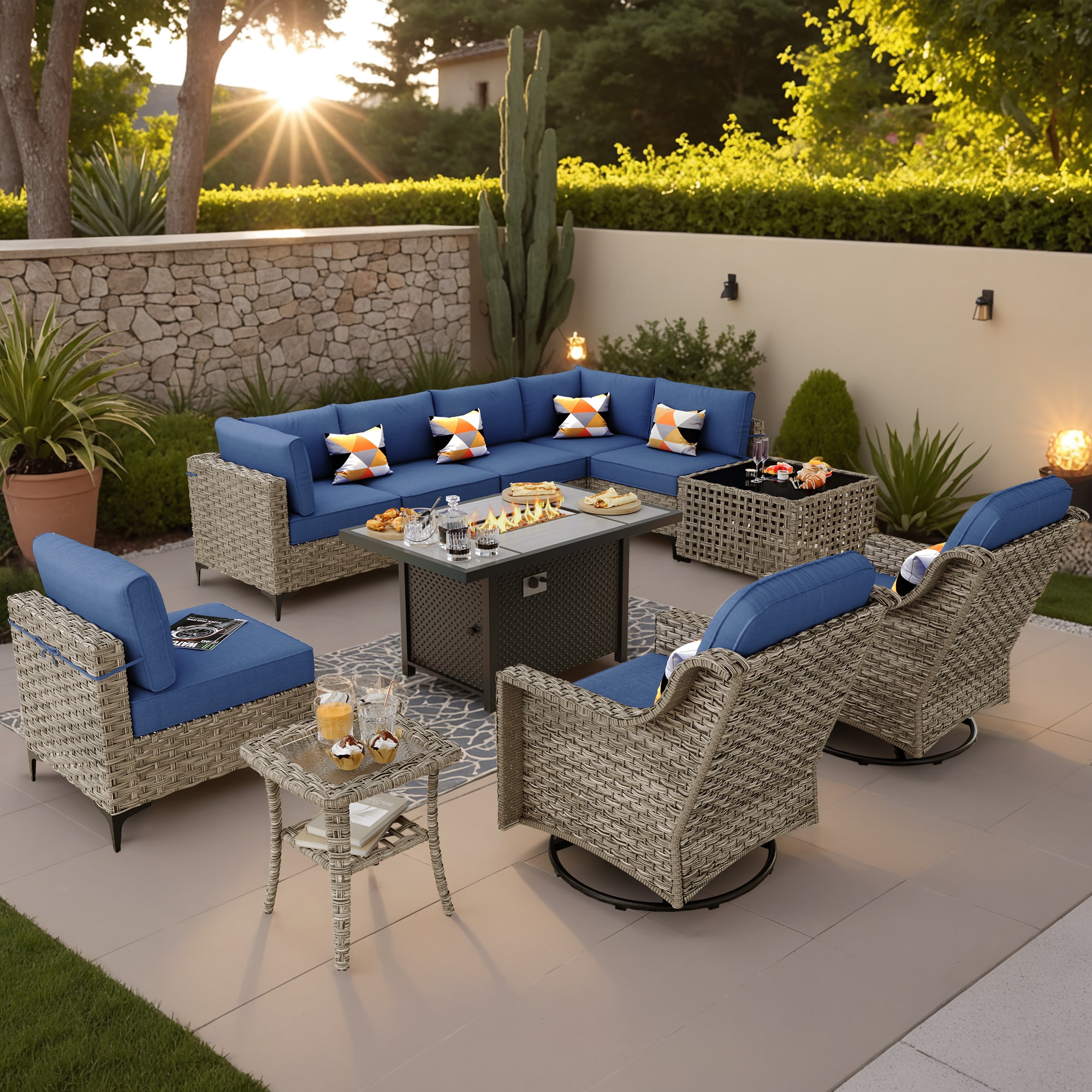 Ovios RFPSK700Y 11 -Piece Wicker Patio Conversation Set with Blue Cushions