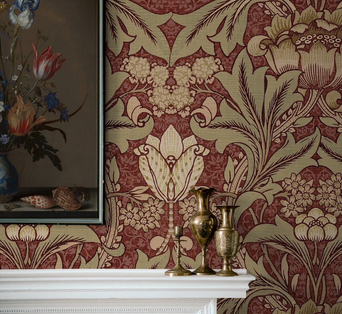 Red Clay and Lichen Floral Vinyl Peel and Stick Wallpaper