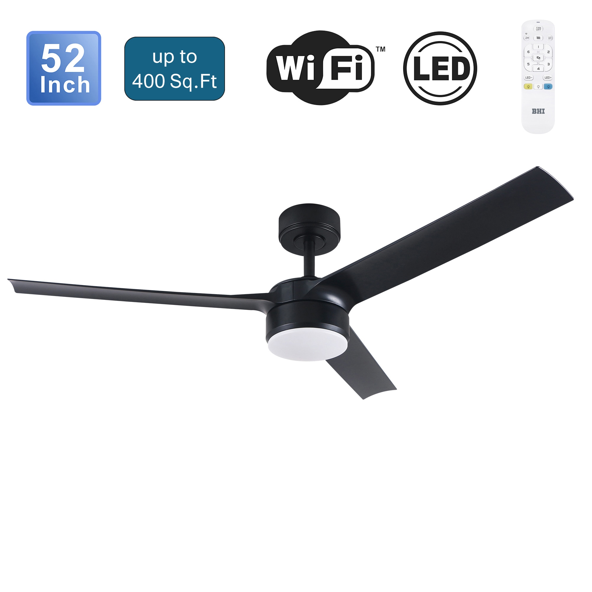 BHI BHI-52-YJ670 ARES 52-in Color-Changing Integrated LED Matte Black with Black Blades Ceiling Fan With Light - Remote Included ( 3 -Blade )