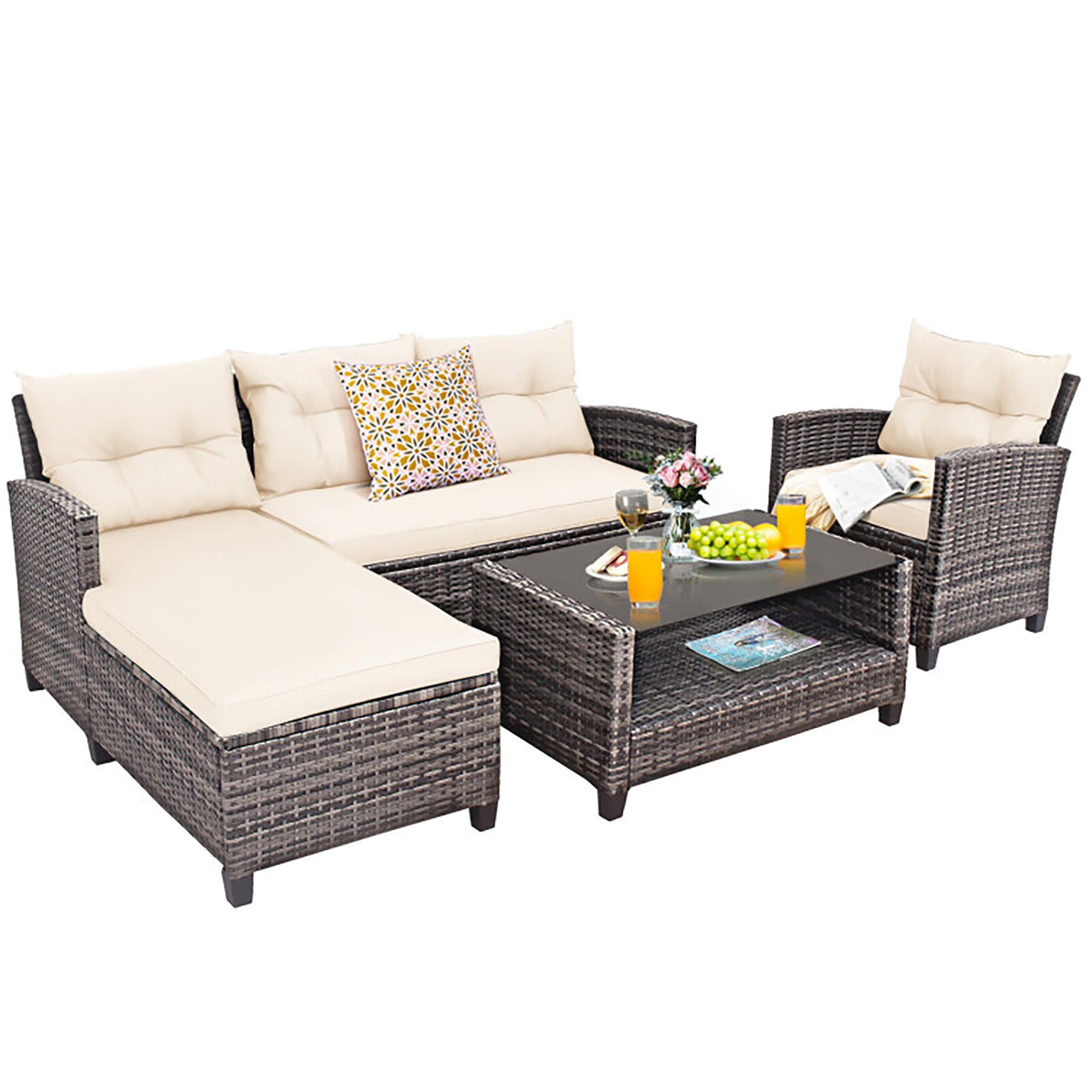 Off-White 5-Person PE Rattan Patio Furniture Set with Cushions and Glass Table