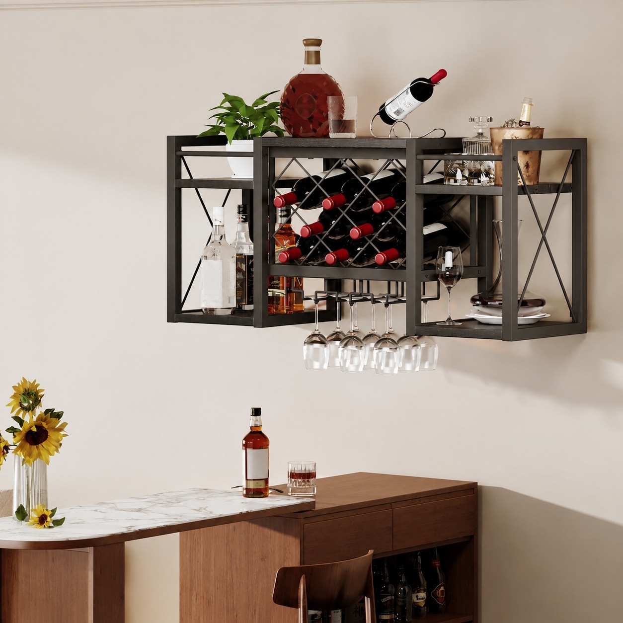 B&W Wall Mounted Wine Rack with Glass Holder Wood Metal Retro Bar Shelf ...