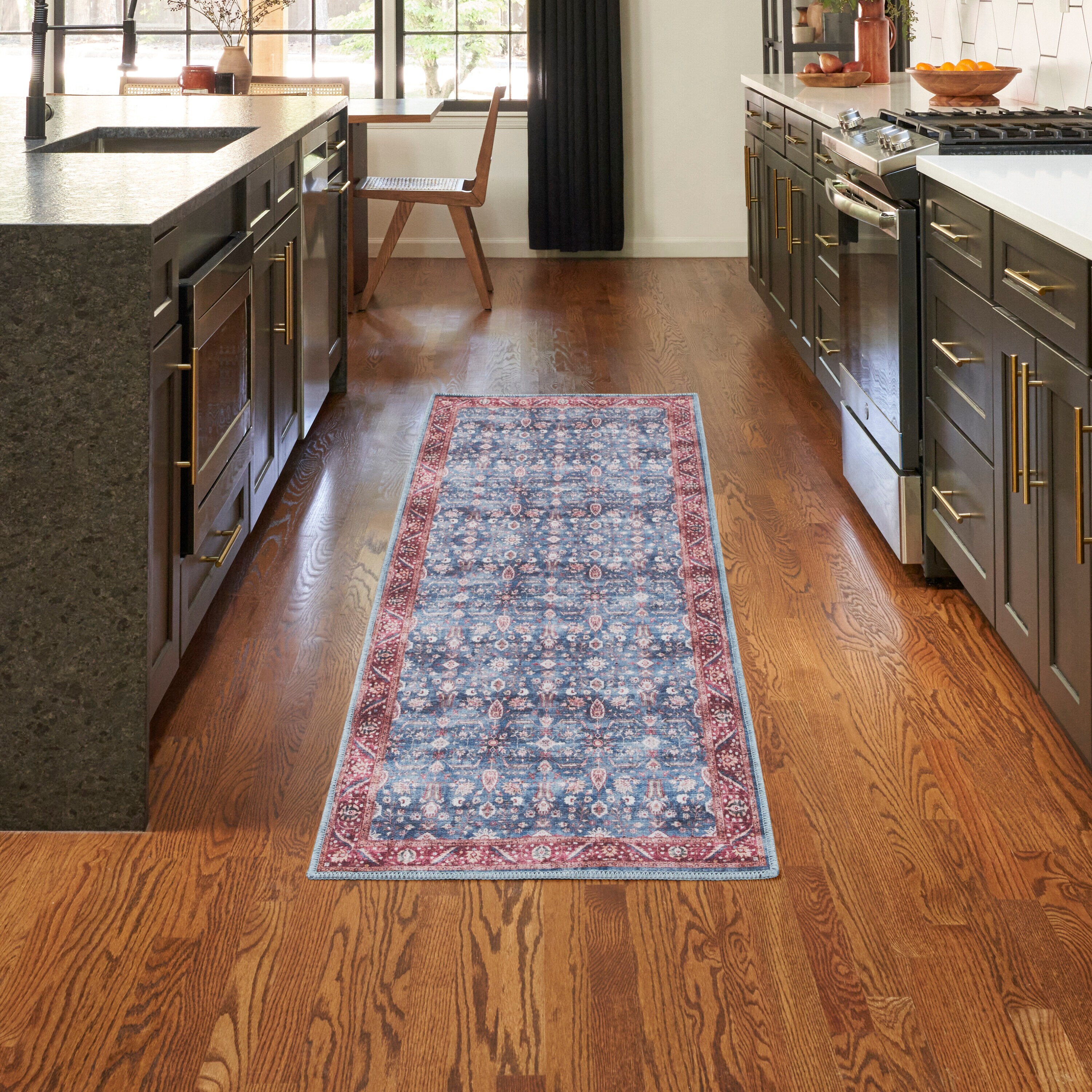 Nourison 099446118134 Brilliance Machine Washable 2 x 6 (ft) Loomed Polyester Blue/Brick Rectangular Indoor Floral/Botanical Persian Machine washable Runner rug