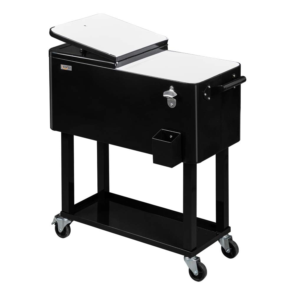 VINGLI 80-quart Portable Rolling Ice Chest with Shelf and Bottle Opener Black