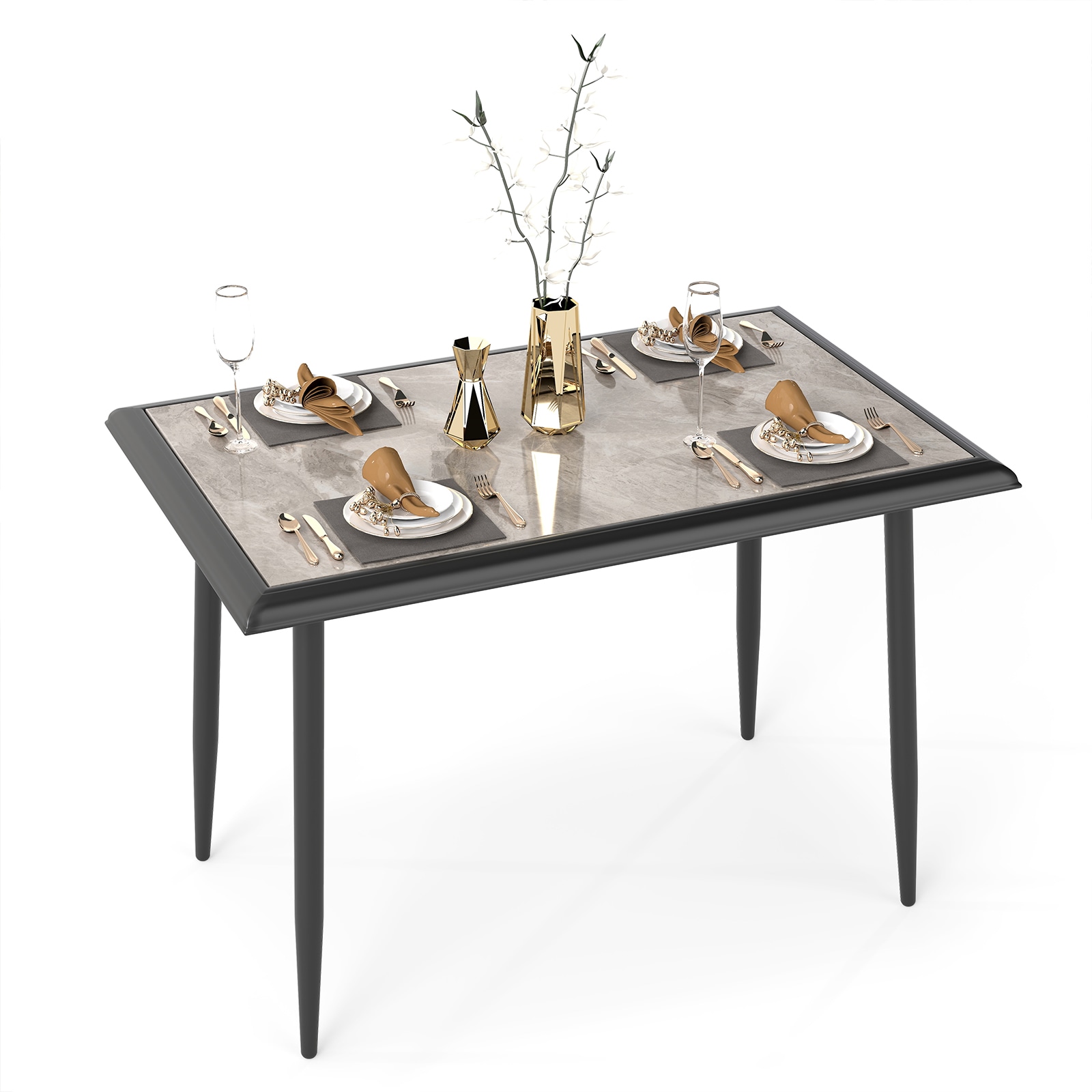 Volenca - Seats 4 Sintered Stone Dining Table with Black Metal Legs and Faux Marble Top 44-in 135-lb