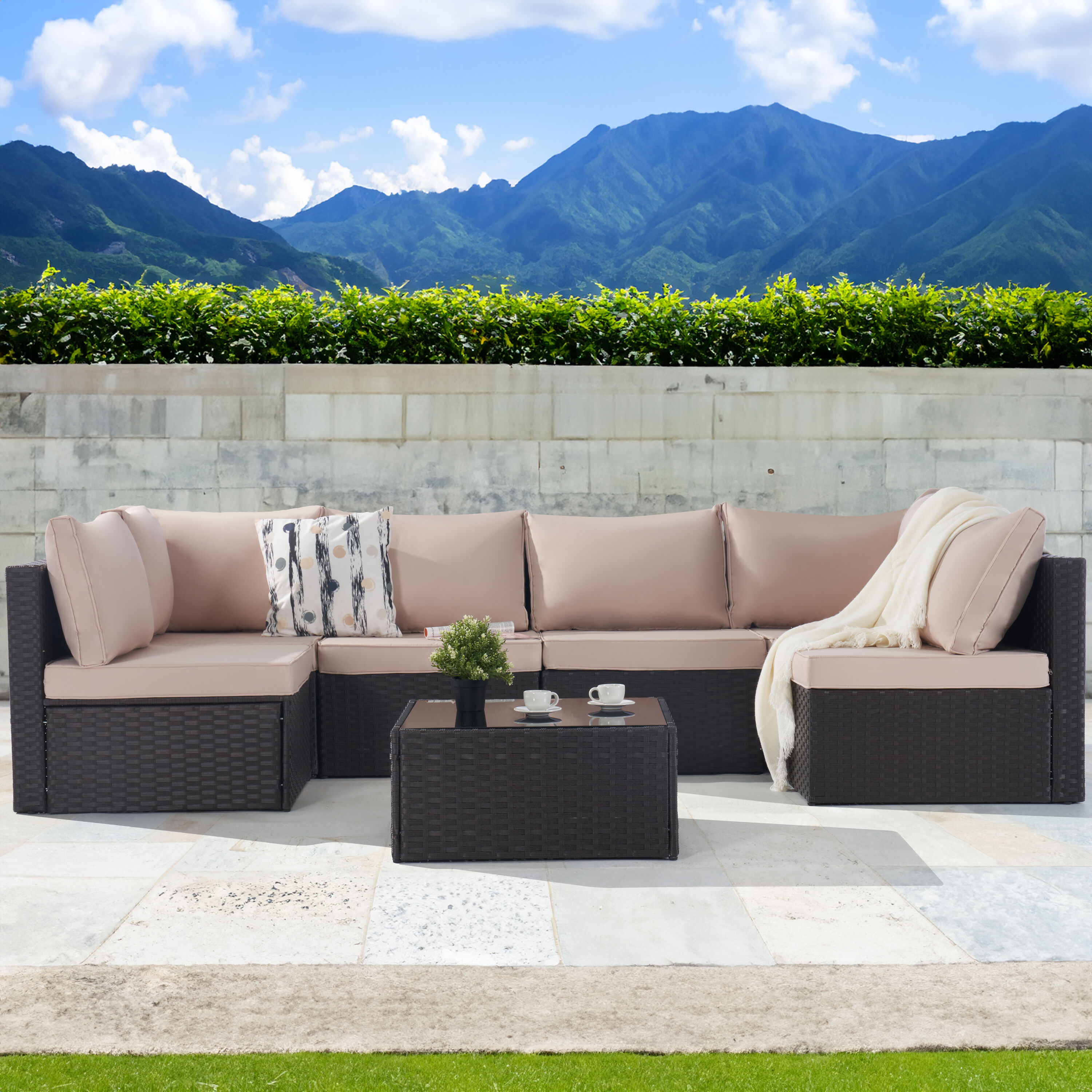 SANSTAR L-WS702-SN-V1 Patio Conversation Set 7 -Piece Wicker Patio Conversation Set with Beige Cushions