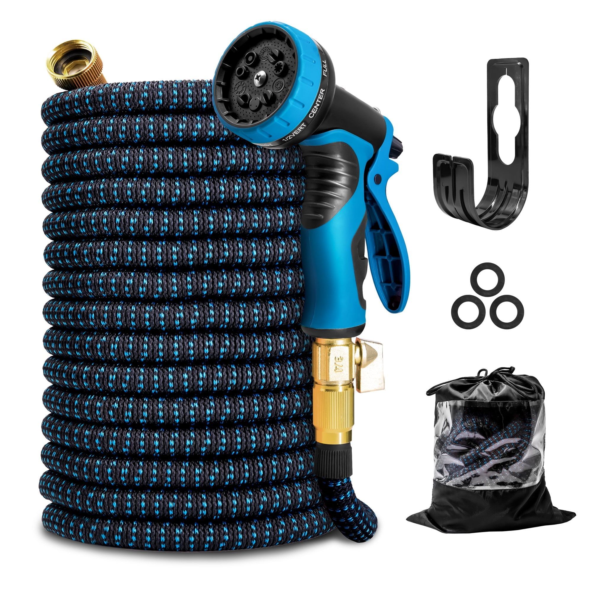 KOTTO Expandable Garden Water Hose 10 Spray Nozzles Anti-Rust Solid Brass Connector Lightweight No-Kink Flexible - Blue 75ft