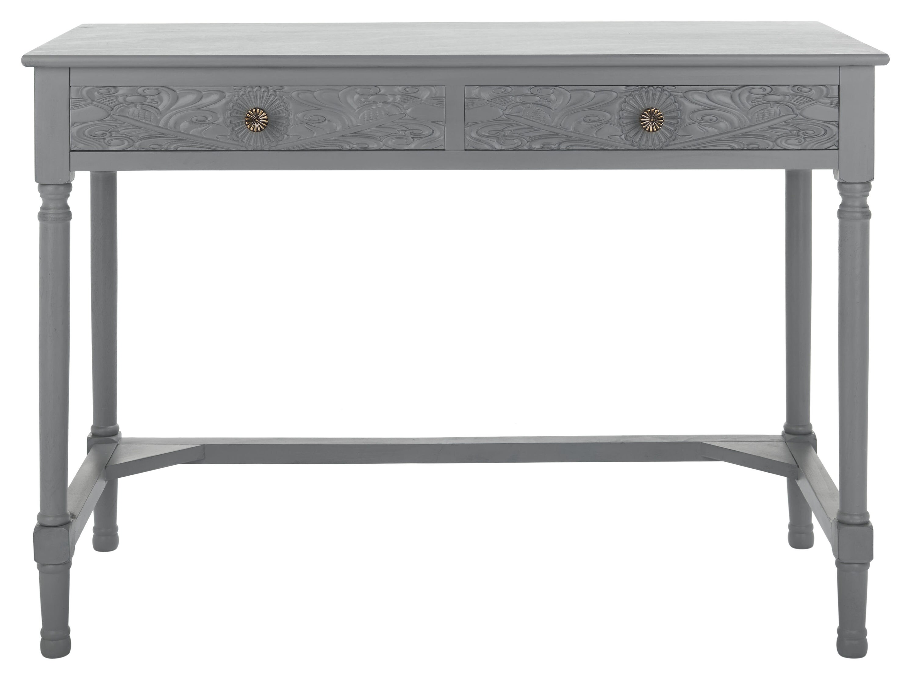 Josie Artisan Carved Floral 46" Wood Desk with Drawers in Distressed Grey