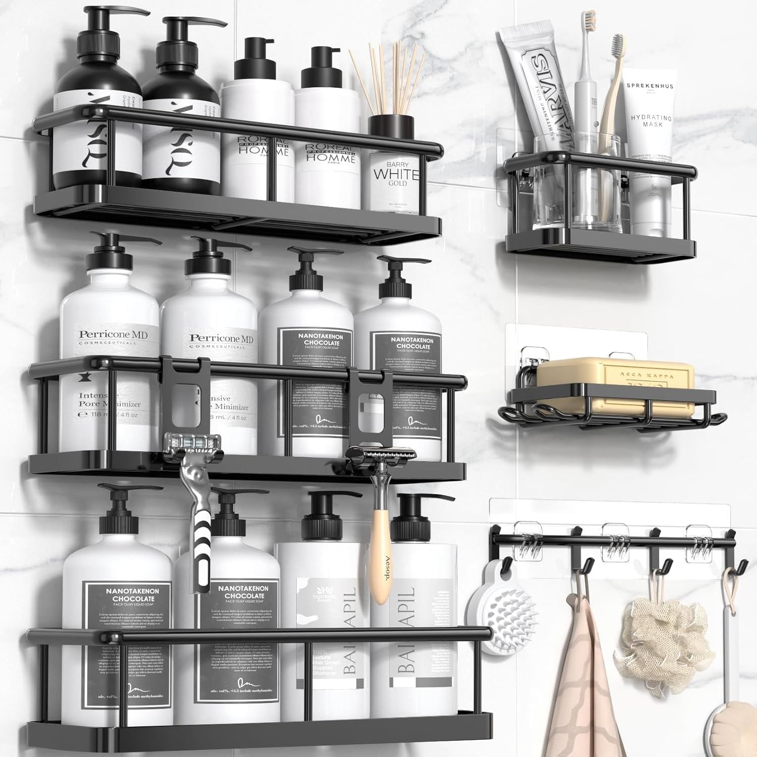 JUSHUA 6 Pack Rustproof Shower Organizer Shelves with Soap Holder No Drilling