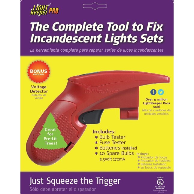 Fixes Christmas Holiday light sets with a squeeze of the trigger- Includes 50 Spare Bulbs and a Battery Tester Which can be Used with C 9V AA AAA Lightkeeper Pro Miniature Light Repairing Tool D N and Button Cell Batteries 