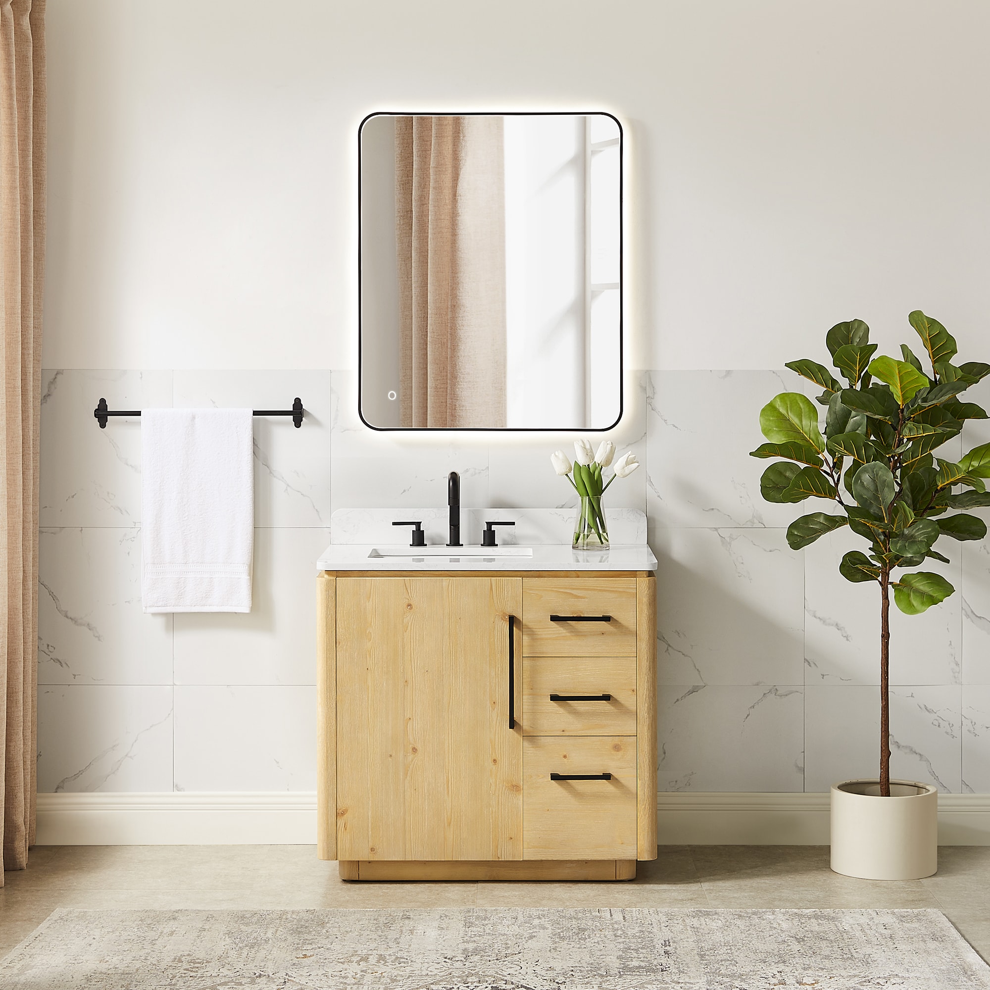 Altair 581036-NB-GW Serene 36-in Nature Brown Undermount Single Sink Bathroom Vanity with Grain White Engineered Stone Top (Mirror Included)