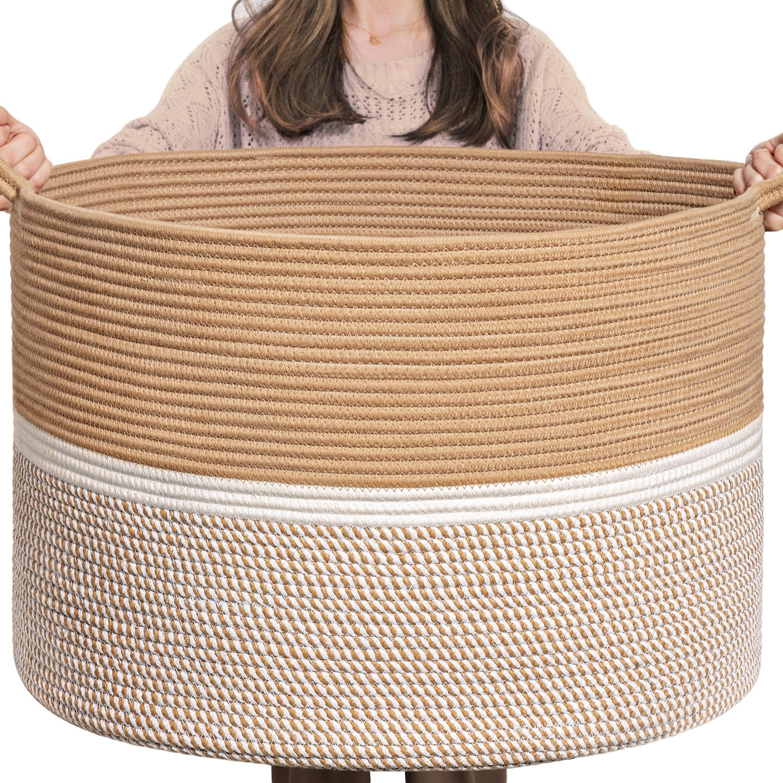 PIGFDK Brown and White 85L Large Woven Cotton Rope Storage Basket With Reinforced Handles For Living Room Bedroom Nursery Laundry Toy Organization Decorative Foldable Machine Washable