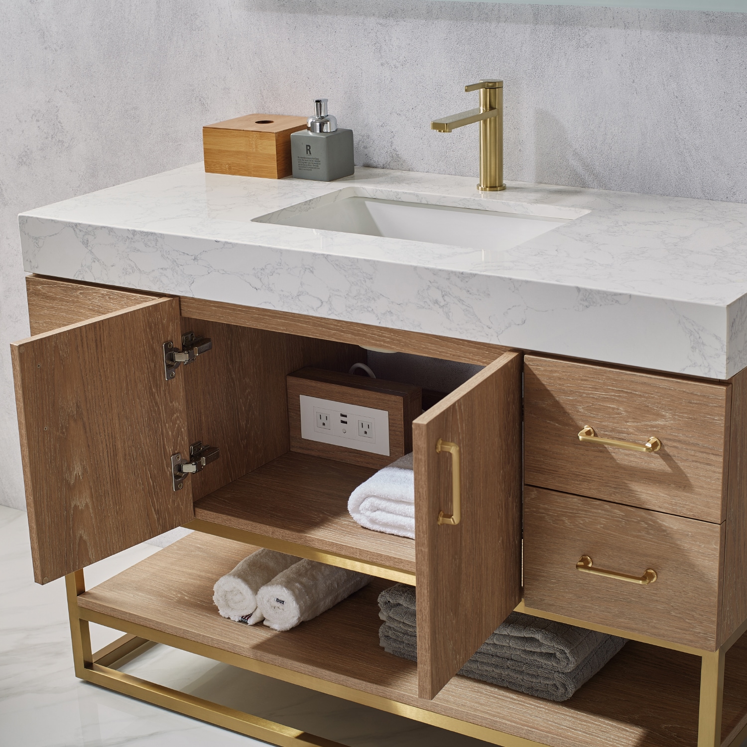 48 Inch Oak Single Vanity with White Stone Top and Brushed Gold Trim