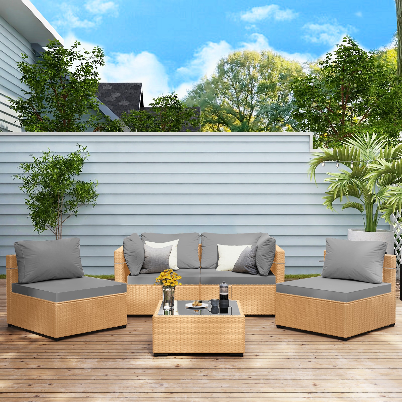 UPHA TBBE-AB-LGRAY 5 -Piece Wicker Patio Sofa Conversation Set with Gray Cushions