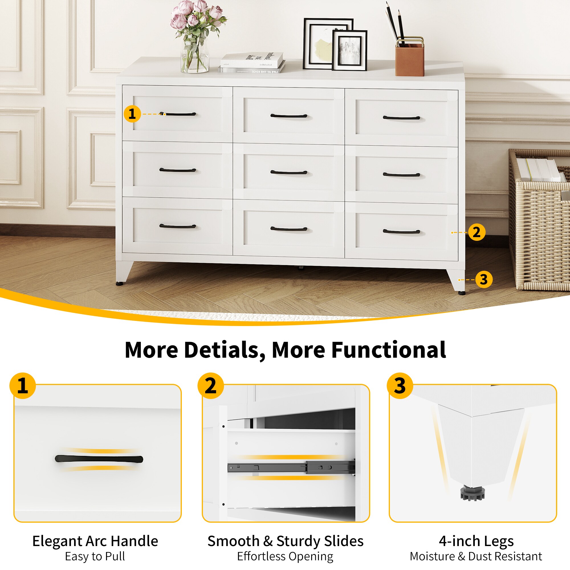JUSHUA White Metal and Steel Dresser Drawer Storage Metal Profile Chest ...
