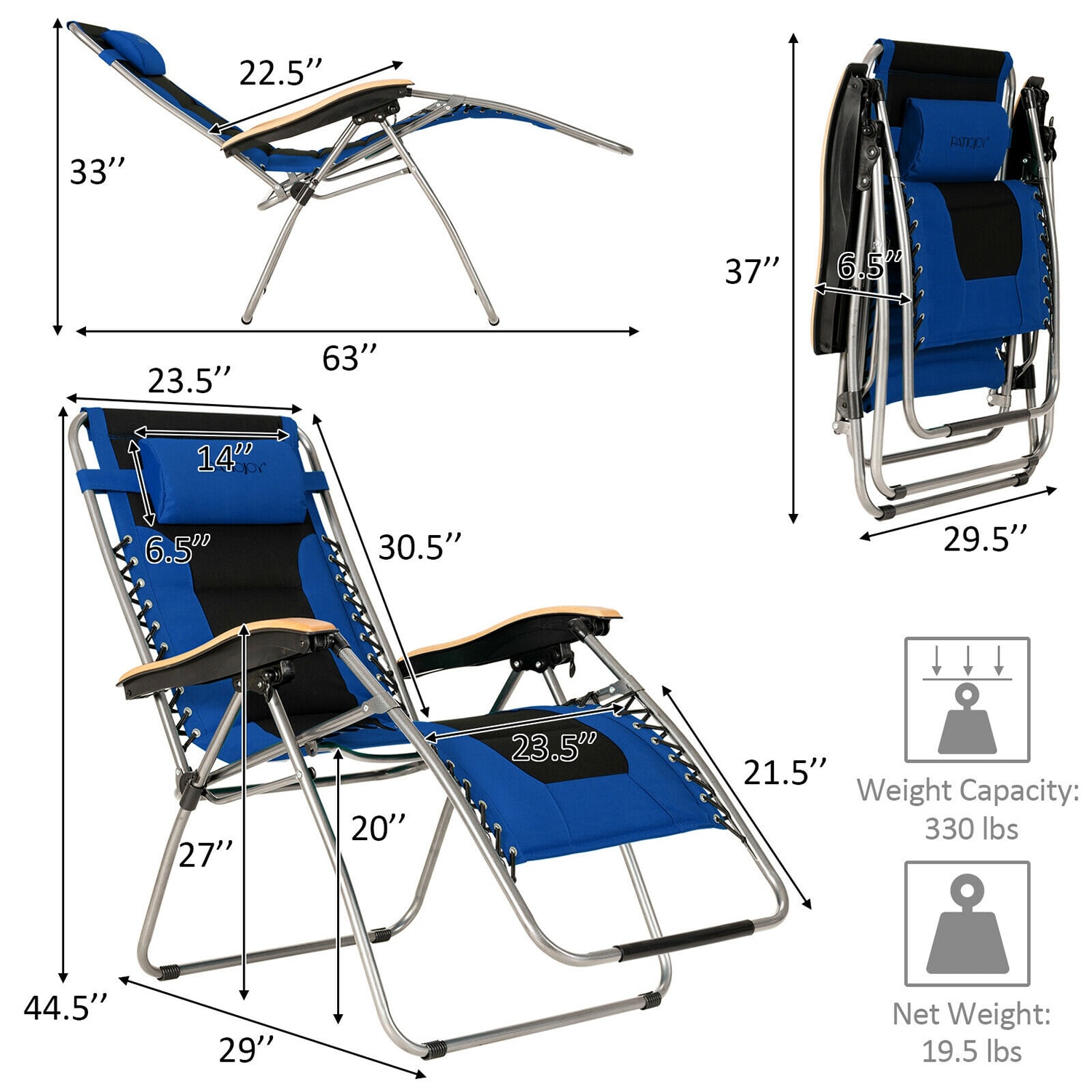Oversized Blue and Black Steel Zero Gravity Lounger with Cushions