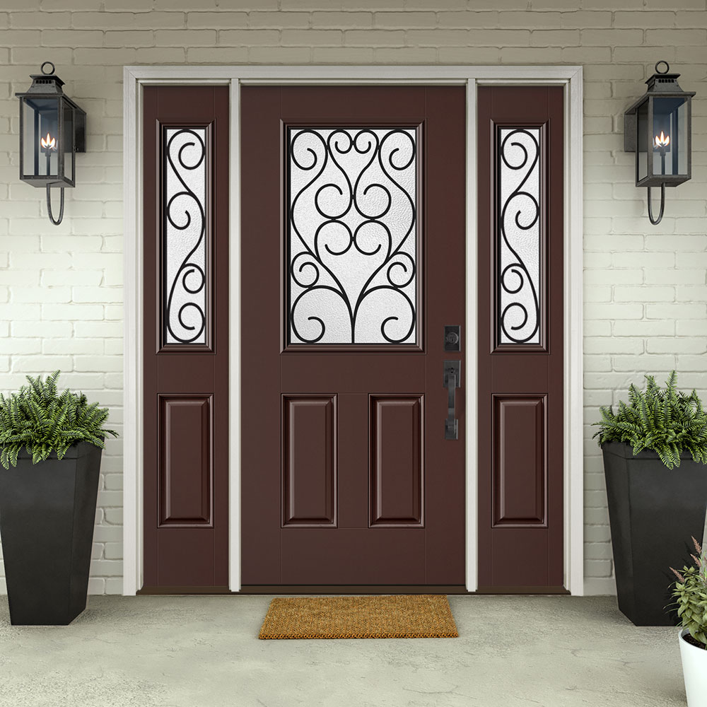 Masonite Iron Springs 64 in x 80 in Fiberglass Half Lite Left Hand Inswing Chocolate Painted Prehung Front Door with Sidelights with Brickmould Insulating Core at Lowes