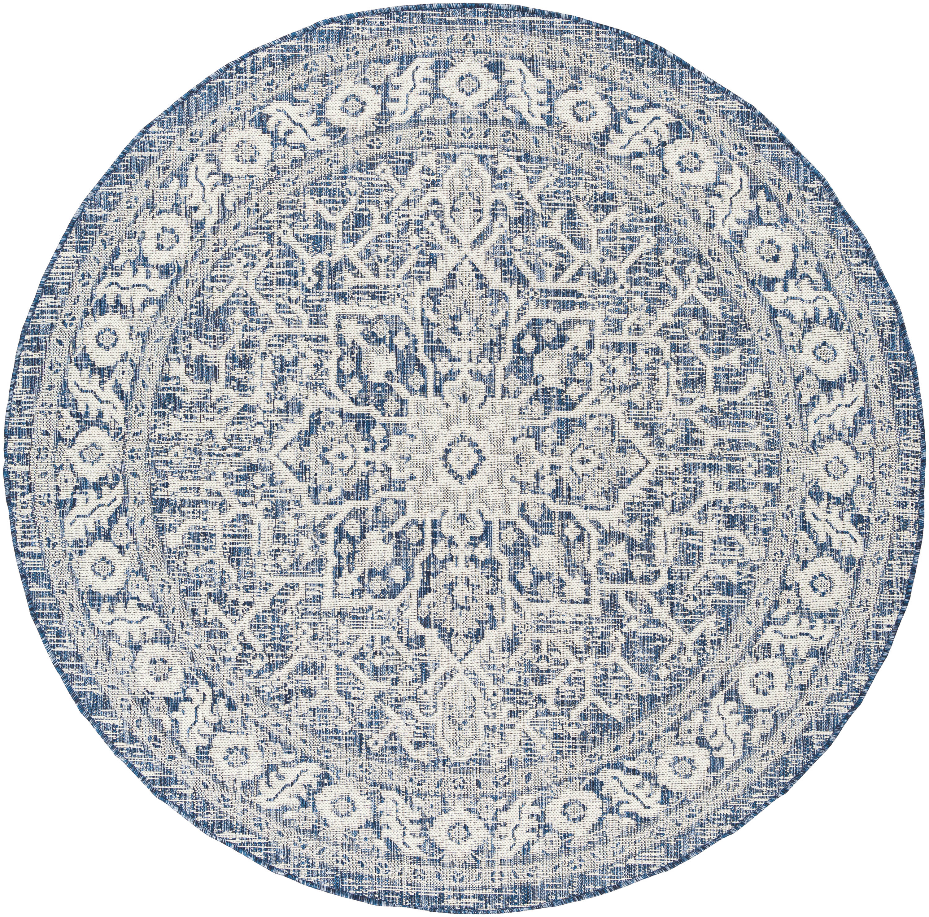 Eagean Blue and White Round Synthetic Outdoor Rug