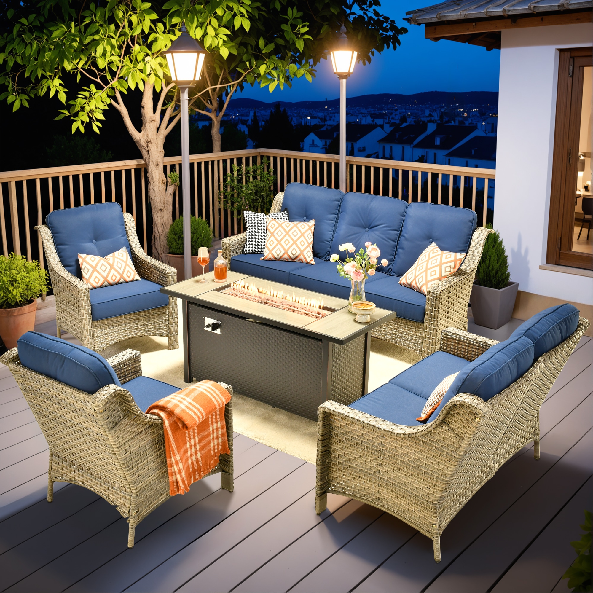 Pouuin SDFPPAD704 5 -Piece Wicker Patio Sofa Conversation Set with Navy Cushions