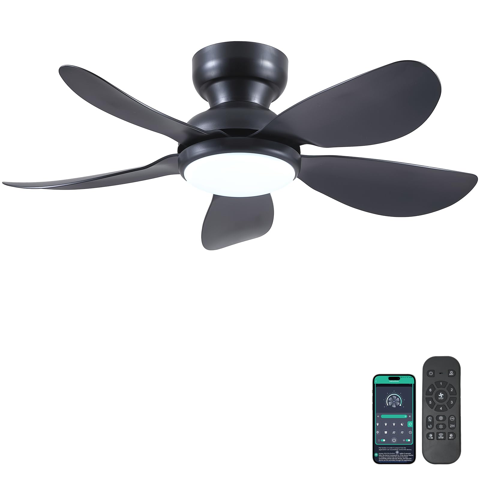 Oyezvary  36 Inch Modern Flush Mount Ceiling Fan with Light Remote and App Control Five Reversible Curved Blades Six Speeds Three CCT Dimmable
