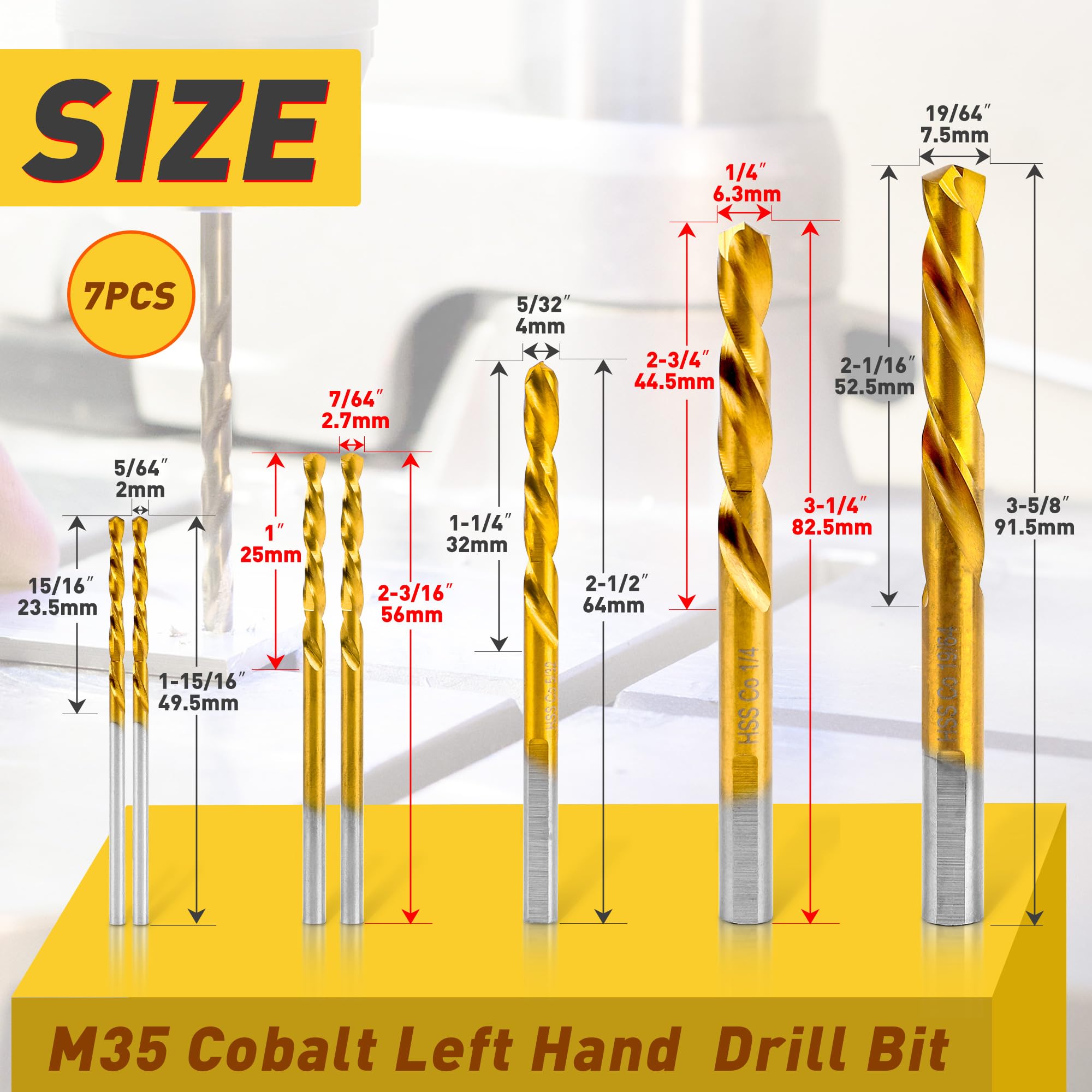Etokfoks 7 Piece M35 Cobalt Left Hand Drill Bit Set Reverse Twist