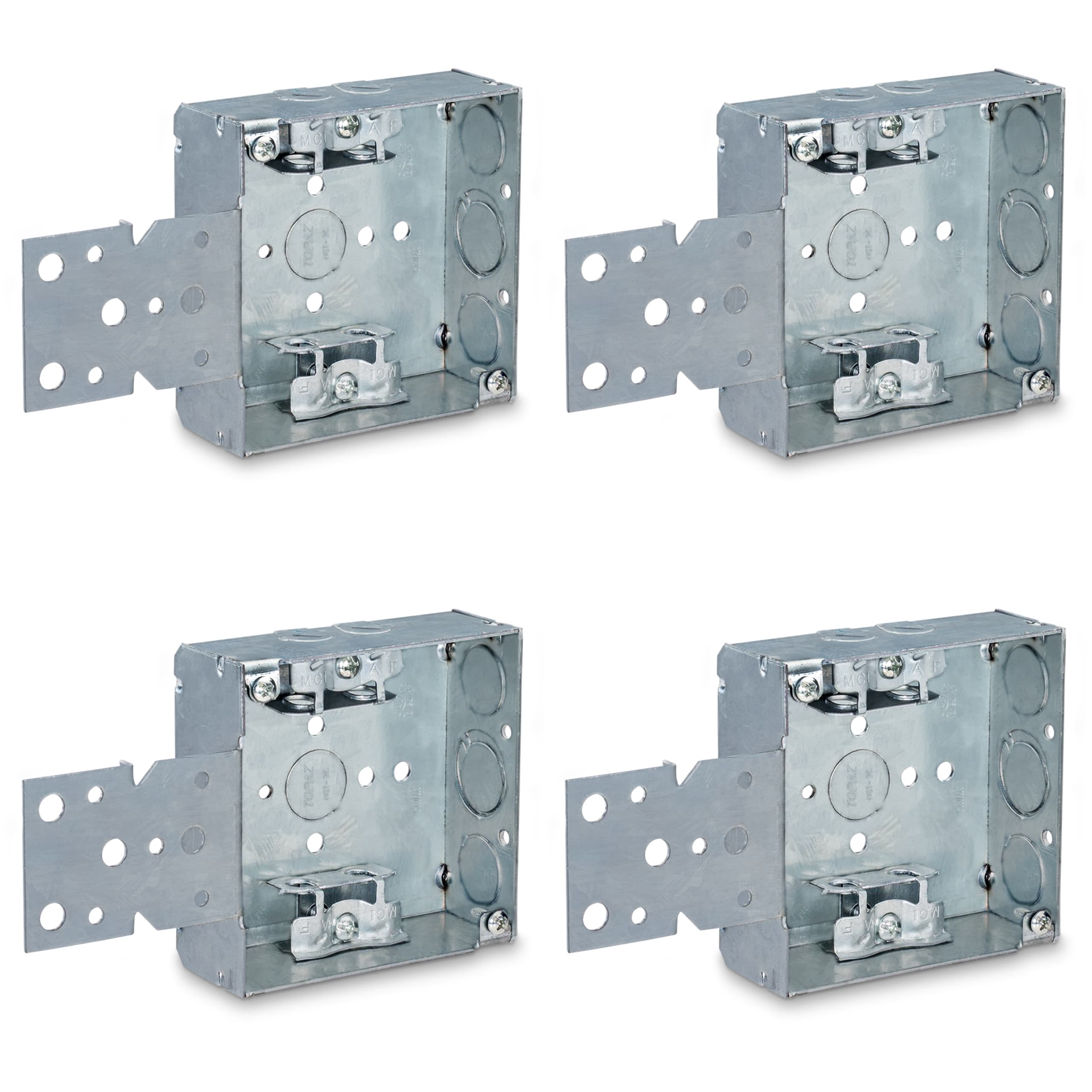 OHLECTRIC  4 Inch Square Welded 1 1/2 Inch Deep 1/2 and 3/4 Eccentric KO with MC Clamp and S Bracket Made of Galvanized Steel Welded Junction Boxes Installed in Walls or Ceilings Pack of 4