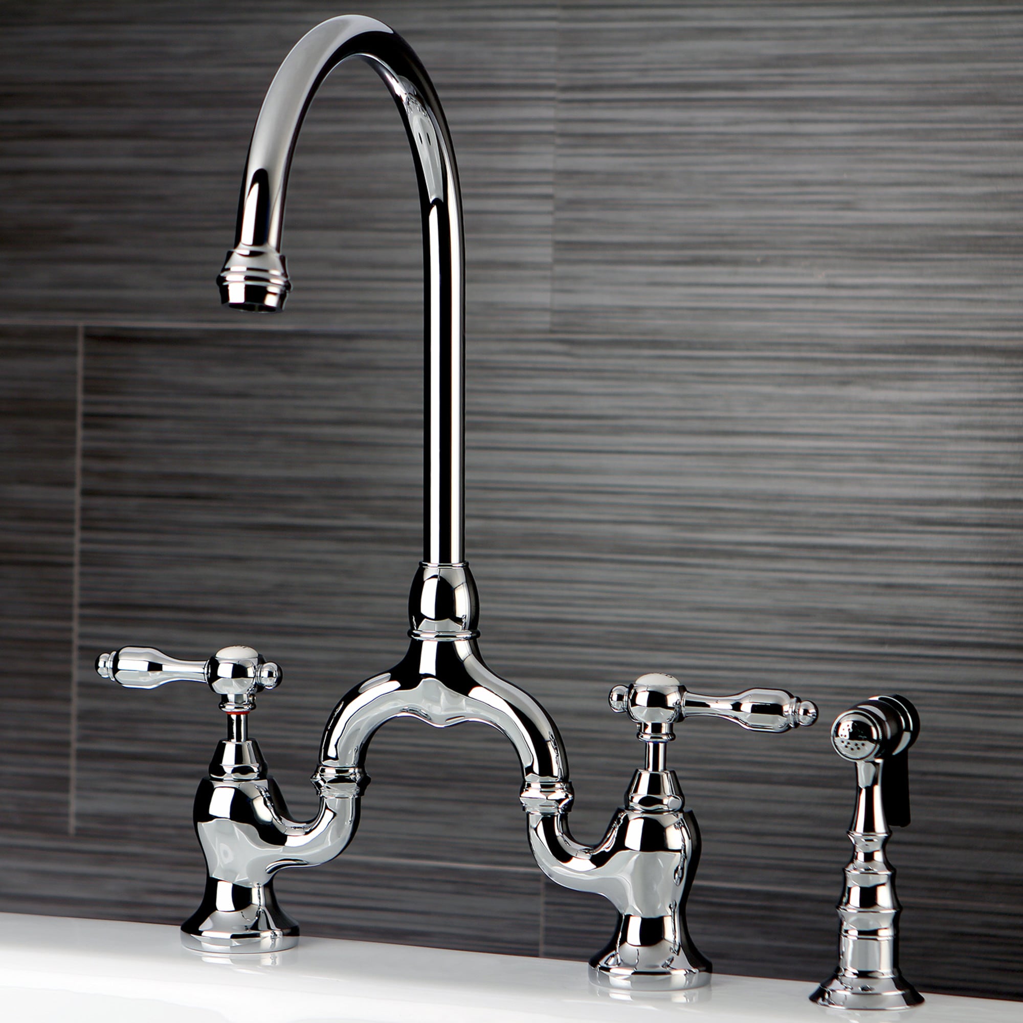 Kingston Brass WLKS7791TALBS Tudor Polished chrome Single Handle Deck-mount Bridge Kitchen Faucet with Sprayer ( Side Sprayer Included )