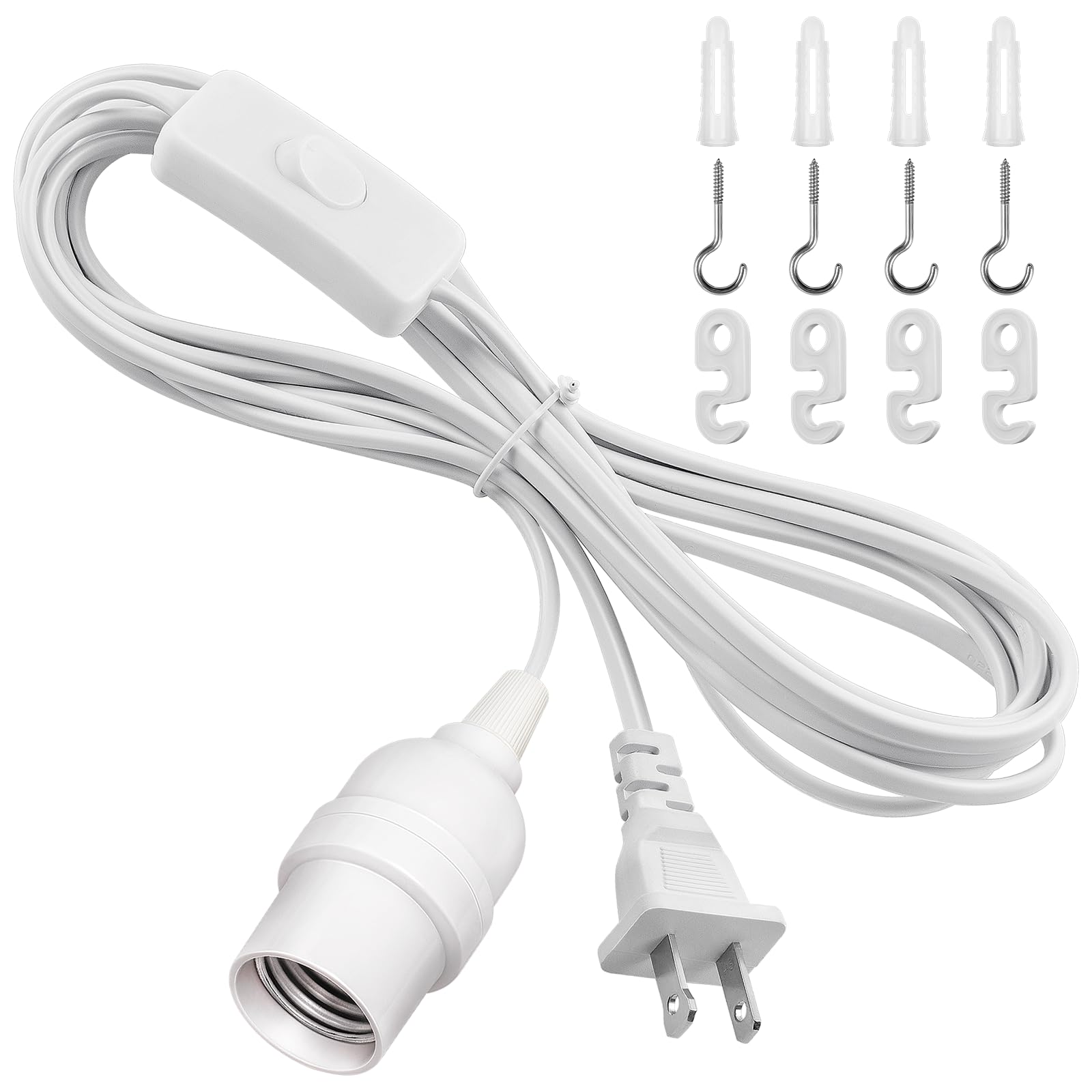 Aoibox 13 ft Hanging Pendant Light Cord with E26 Socket and Inline On Off Switch Near Plug White Ceiling Hook #LABT5HG0