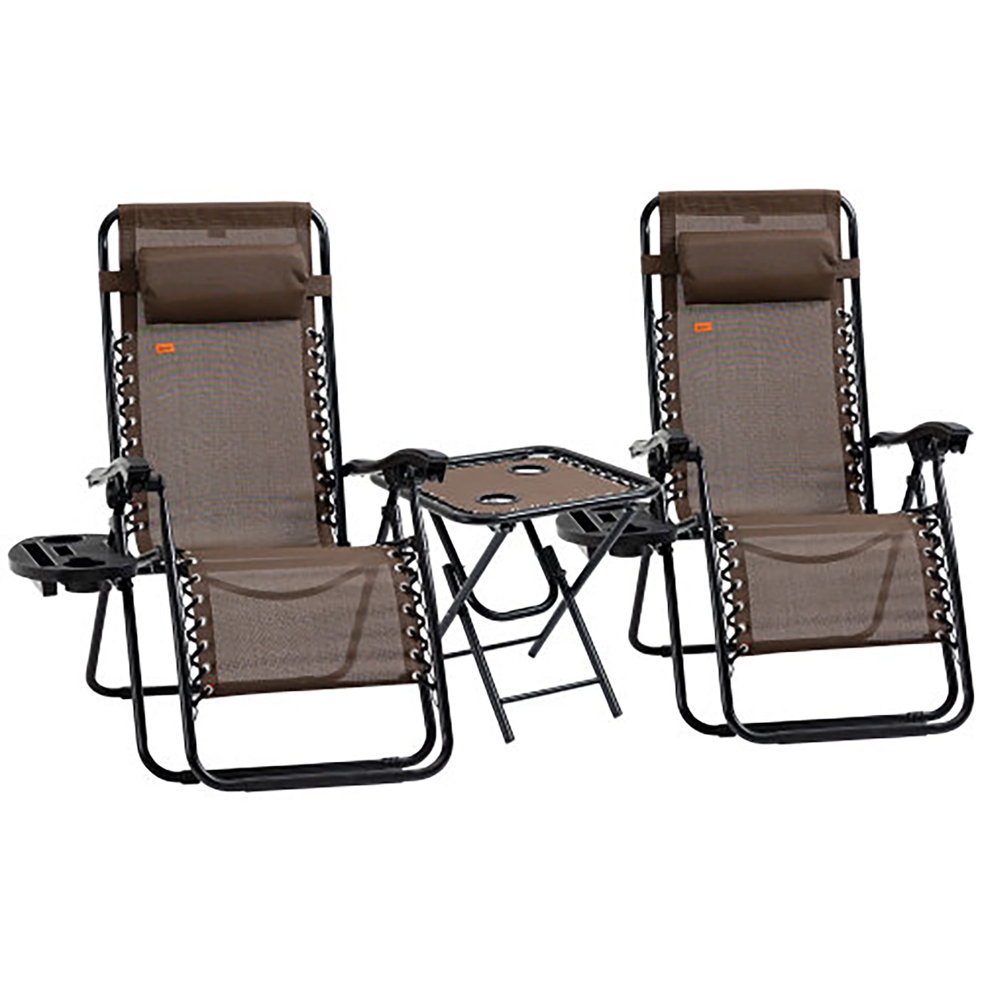 CASAINC WFEHAC-02-BL Zero Gravity Folding Reclining Chair Set with Side Table Set of 2 Brown Steel Frame Stationary Zero Gravity Chair with Brown Mesh Seat