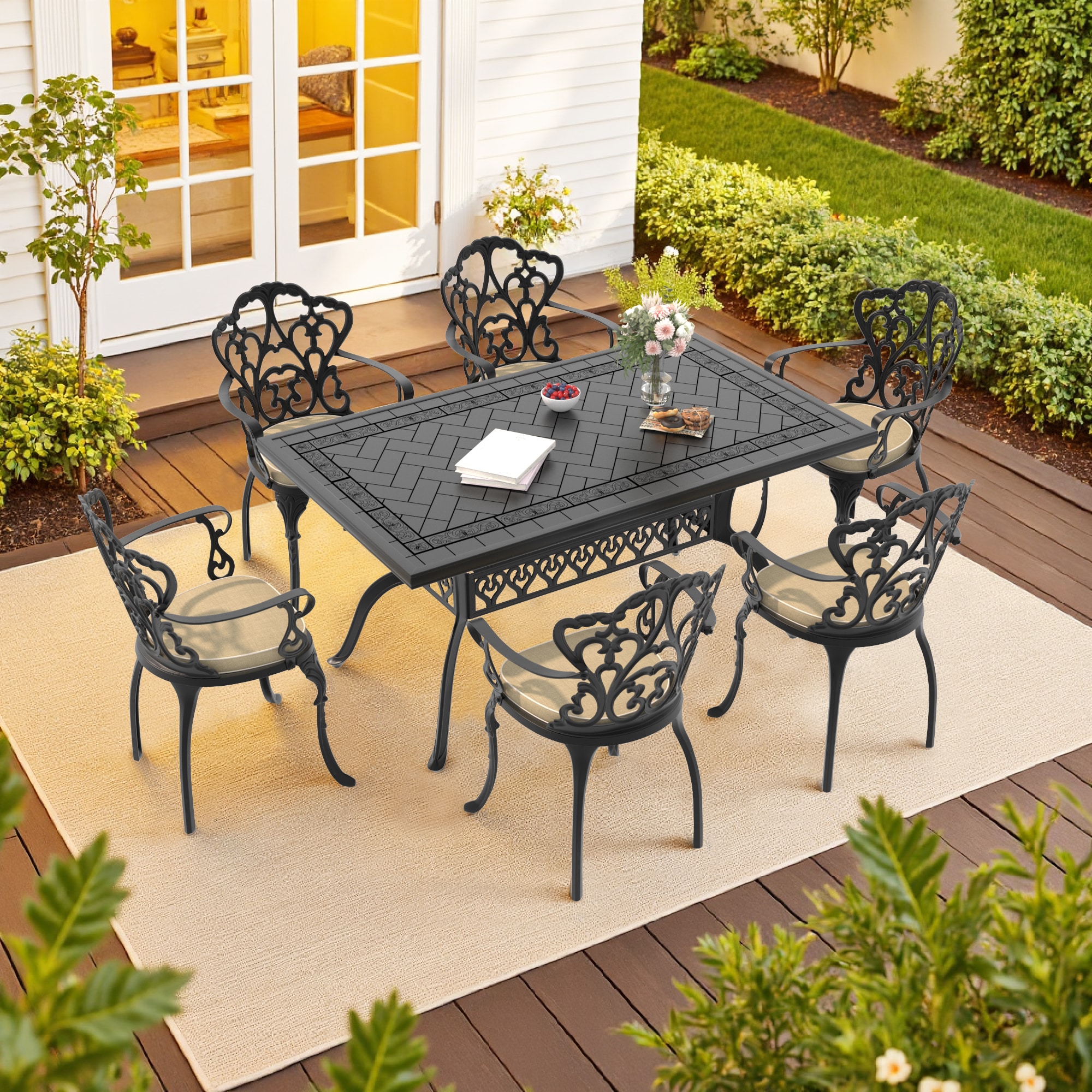 nicesure SLBK6047CZ6A1165RC 7 -Piece Black Patio Dining Set Aluminum Rectangle Table with 6 Cushions Stationary Chairs