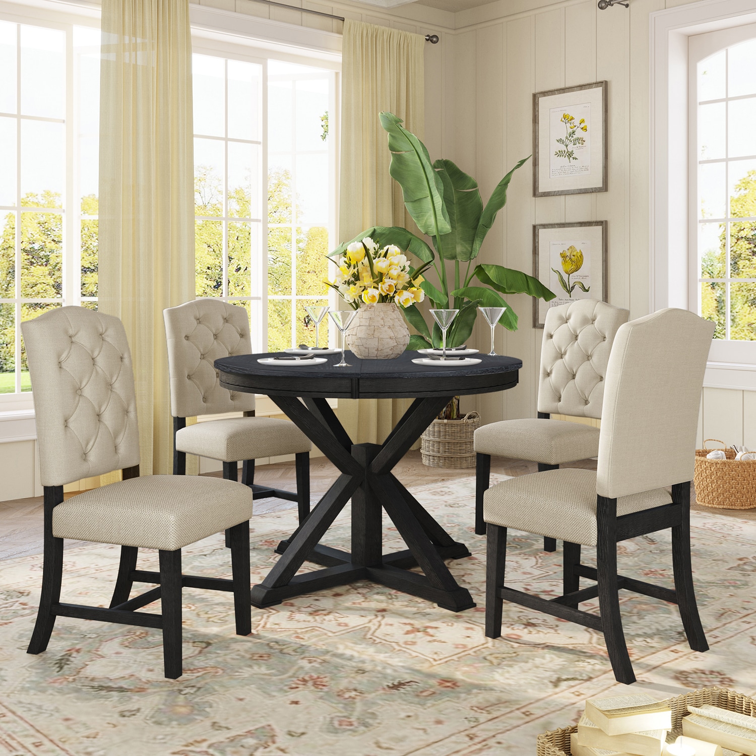 GZMR GZ-N71578AAP Retro Style Dining Table Set Espresso Contemporary/Modern Dining Room Set with Round Table ( Seats 4 )