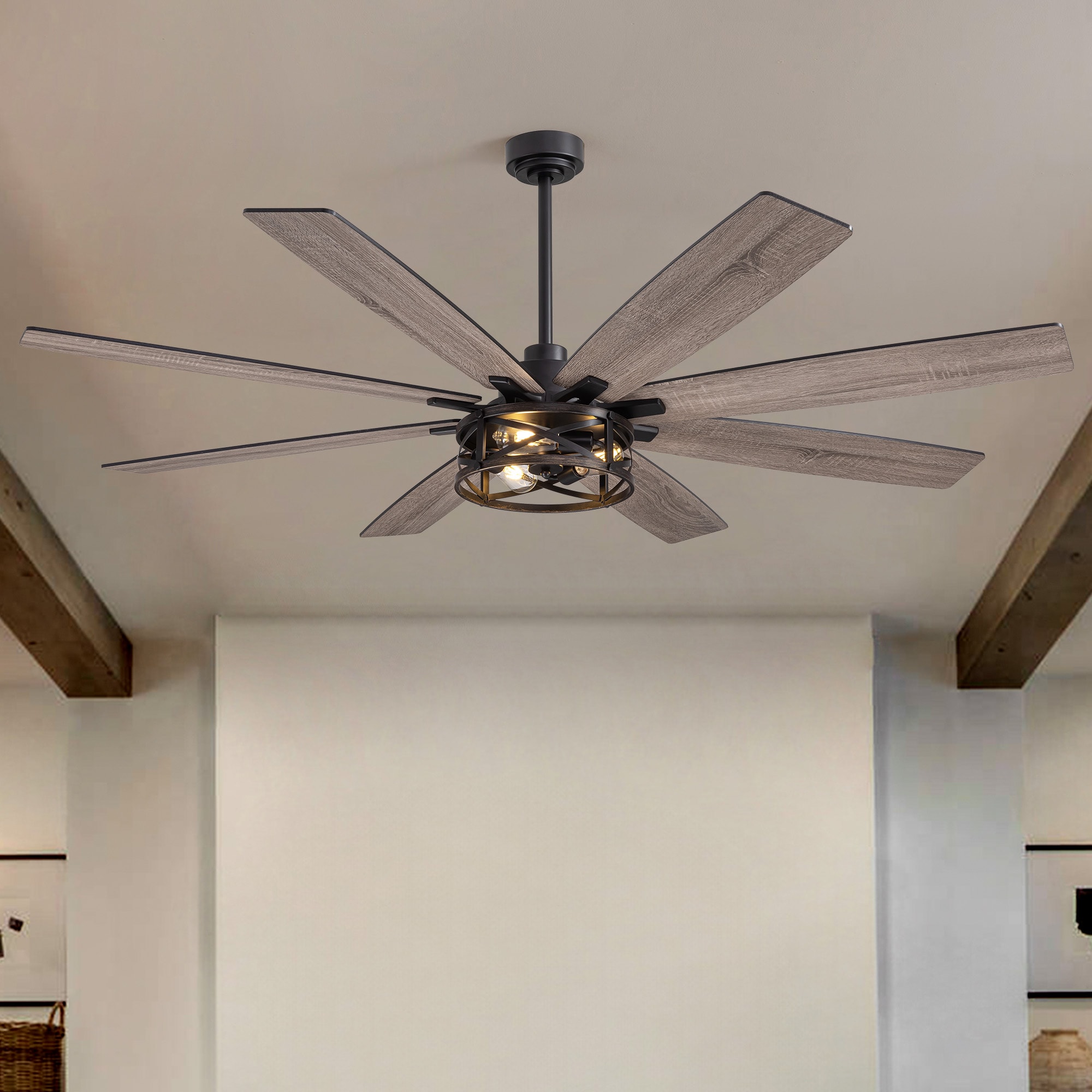 SILJOY 72-In Black and Gold Farmhouse Cage Ceiling Fan with Light Remote Control and 8 Reversible Blades for Living Room Bedroom Kitchen Covered Patio