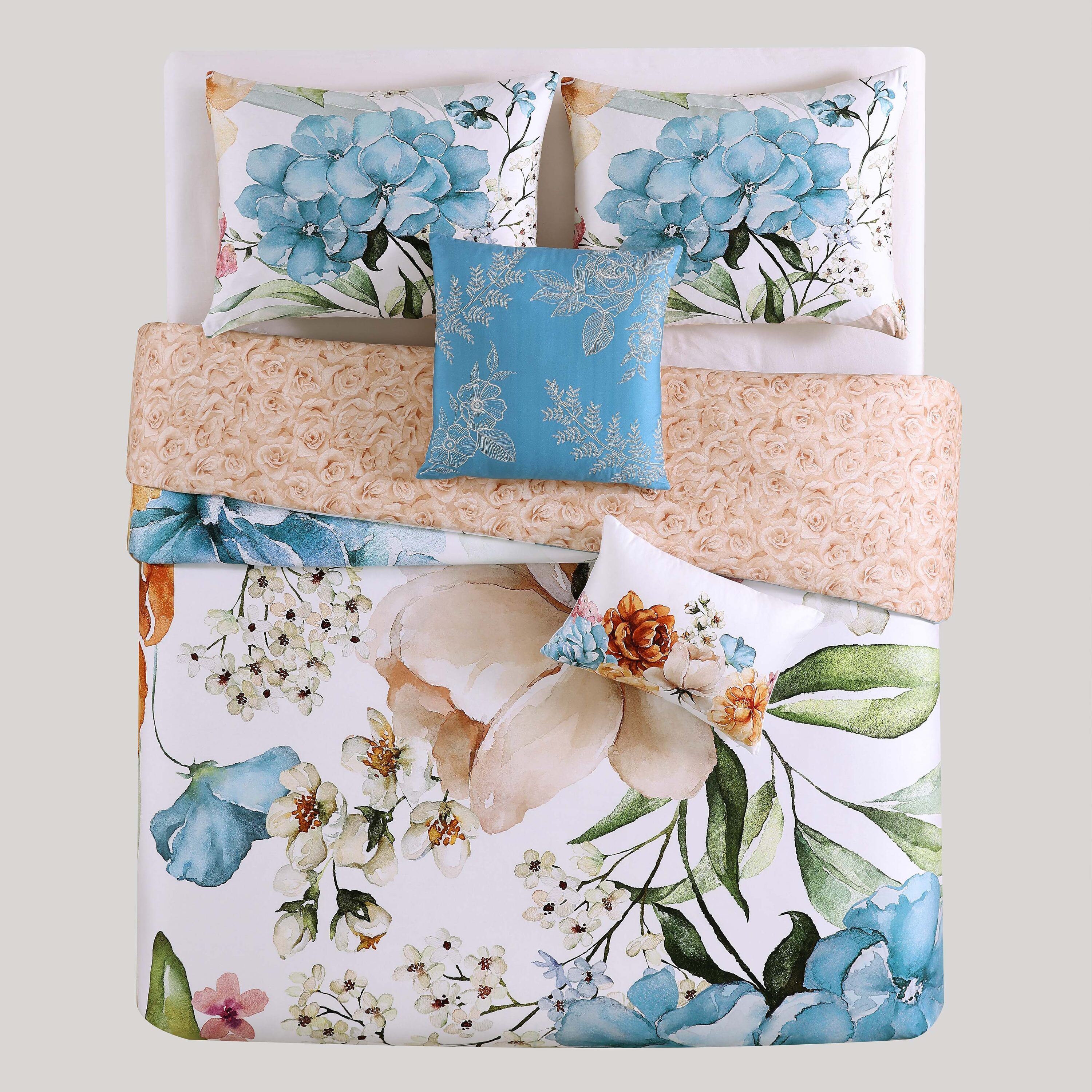 BEBEJAN Maia 5 Piece Comforter Set Blue Floral Reversible King ...