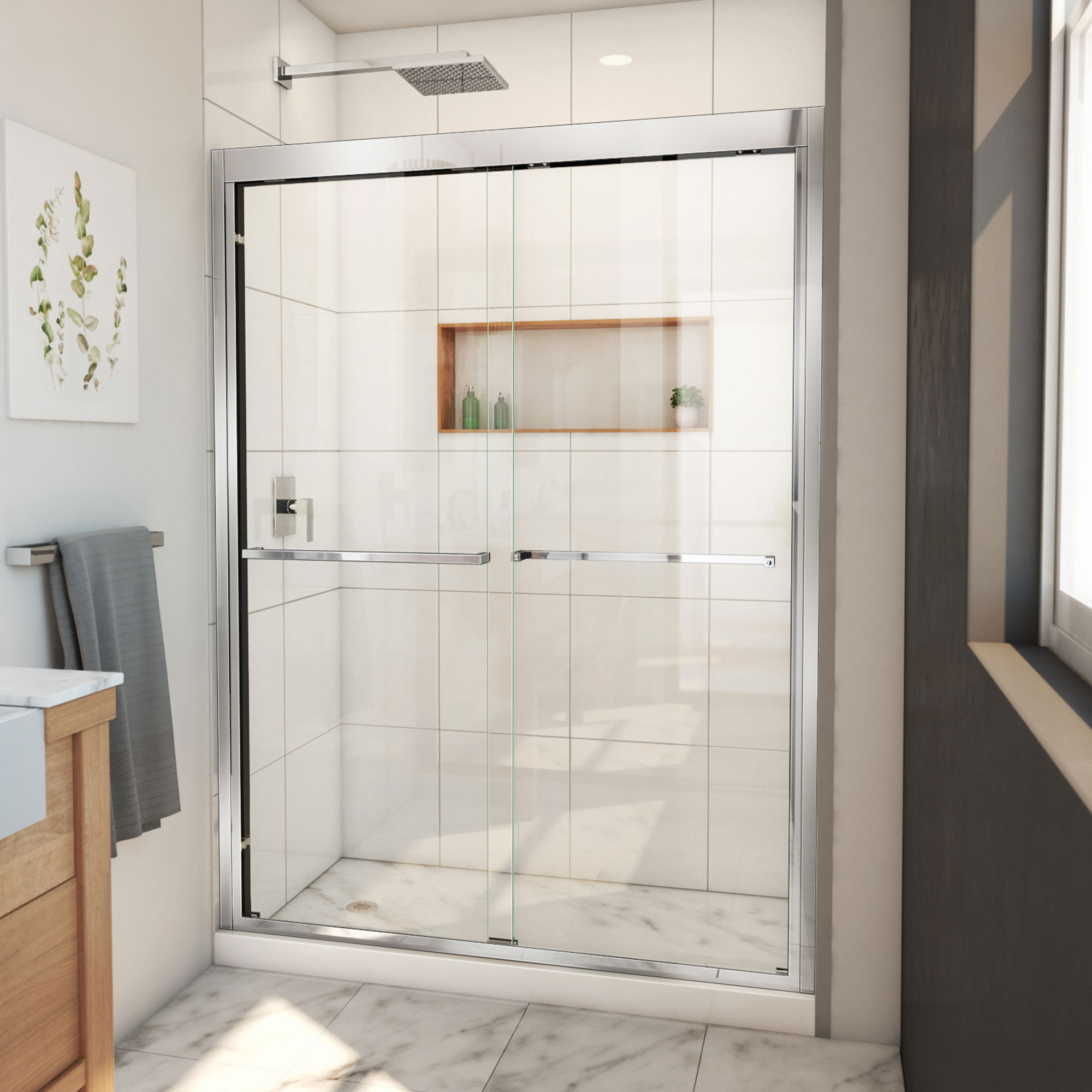 DreamLine SHDR-1854720-01 Duet Plus Chrome 50-in to 54-in W x 72-in H Semi-frameless Bypass Sliding Shower door 5/16-in Thick Clear Glass