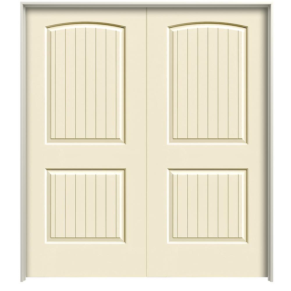 RELIABILT 64-in x 80-in Cream-n-sugar Hollow Core 2-panel Round Top Plank Reversible/Universal Smooth Prefinished Molded Composite Flat Jamb Double -  LO1002608