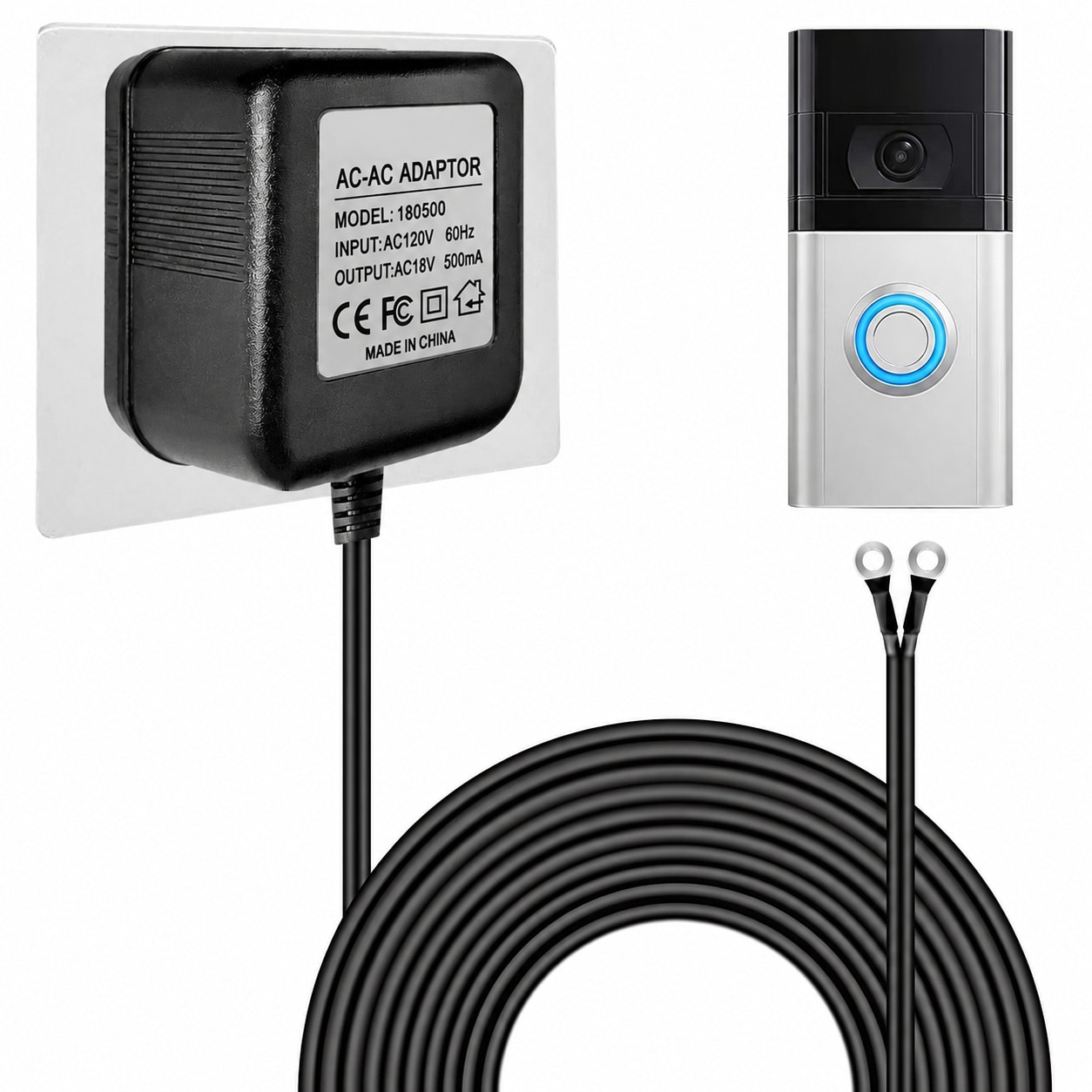 Adrinfly  Doorbell Transformer 18V 500mA Power Adapter with 16.4 ft Extension Cable for Smart Doorbell Devices US Plug Converts 110V 120V to 18V