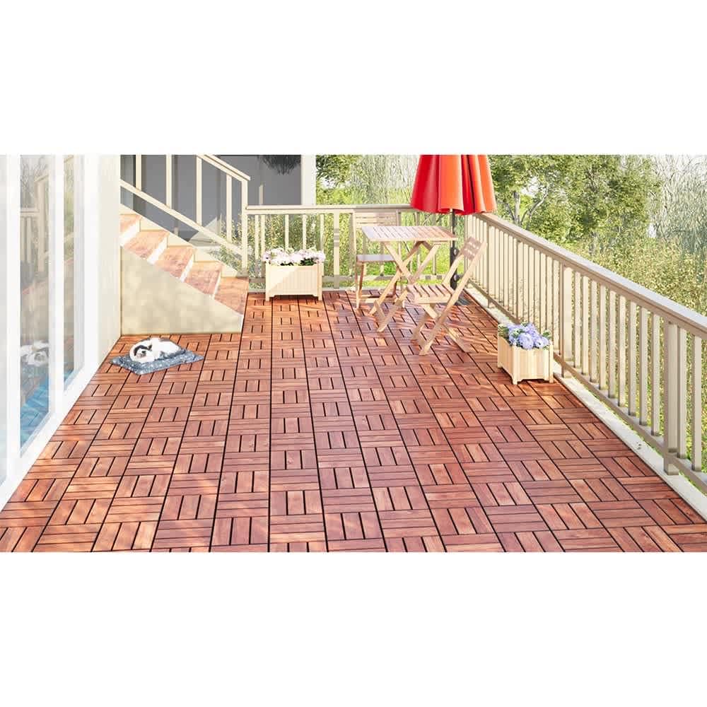 JUJABU Brown 12Inch x 12Inch 30 PCS Acacia Wood Deck Tiles Checker Pattern Square Outdoor Flooring for Patio #DECKTILE-13