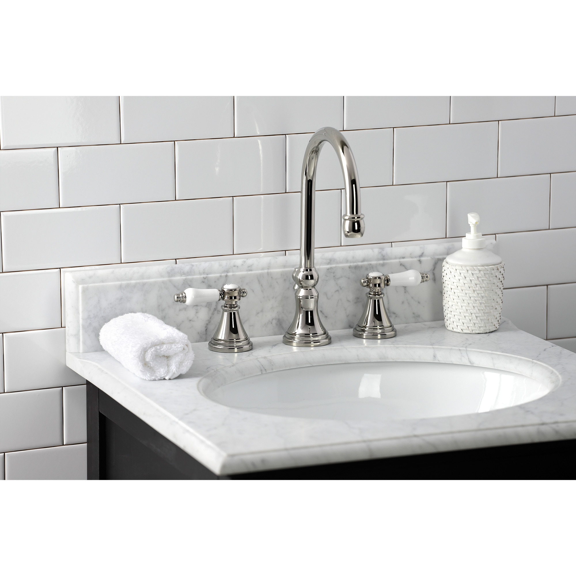Kingston Brass WLKS2986BPL Bel-Air Polished nickel Widespread 2-handle High-arc Residential Handle Bathroom Sink Faucet with Drain