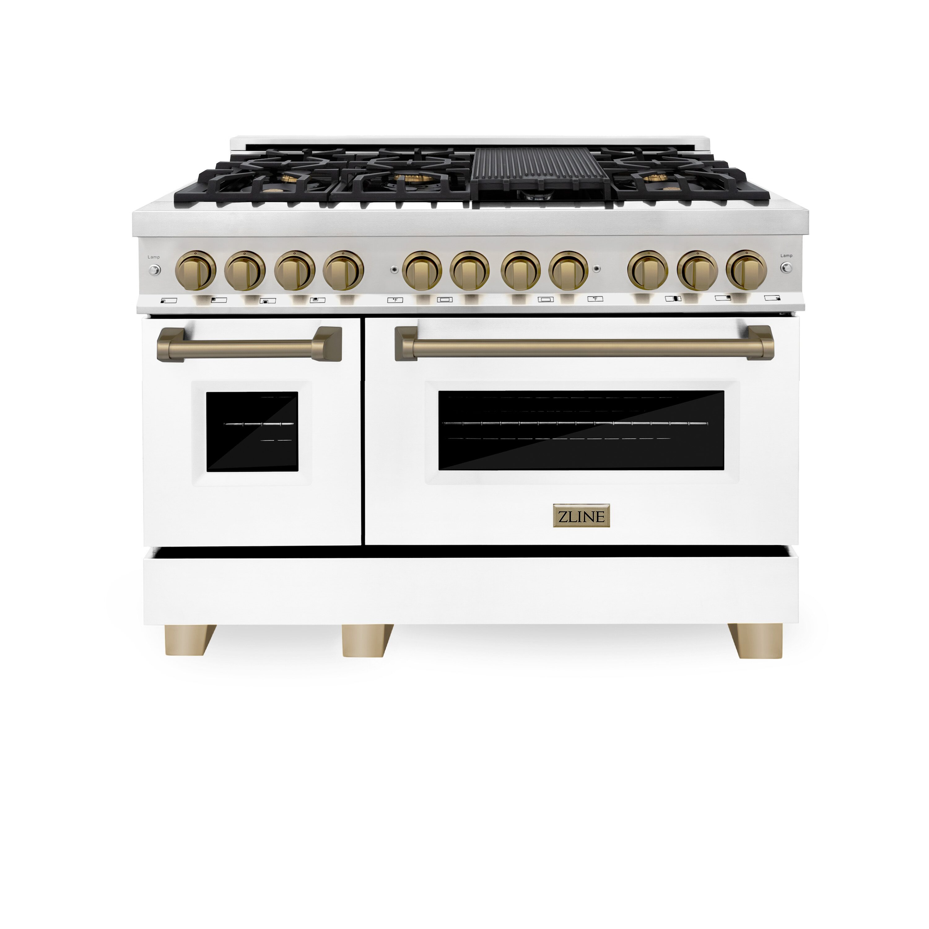 ZLINE KITCHEN & BATH RASZ-WM-48-CB Legacy 48-in 4.2-cu ft / 1.8-cu ft Convection Oven Freestanding Double Oven Dual Fuel Range ( Satin Stainless Steel, White Door, Champagne Bronze Accents )