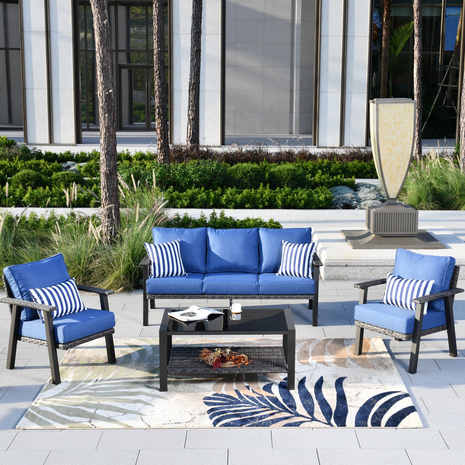 Pouuin SHW50T04 4 -Piece Rattan Patio Sofa Conversation Set with Blue Cushions