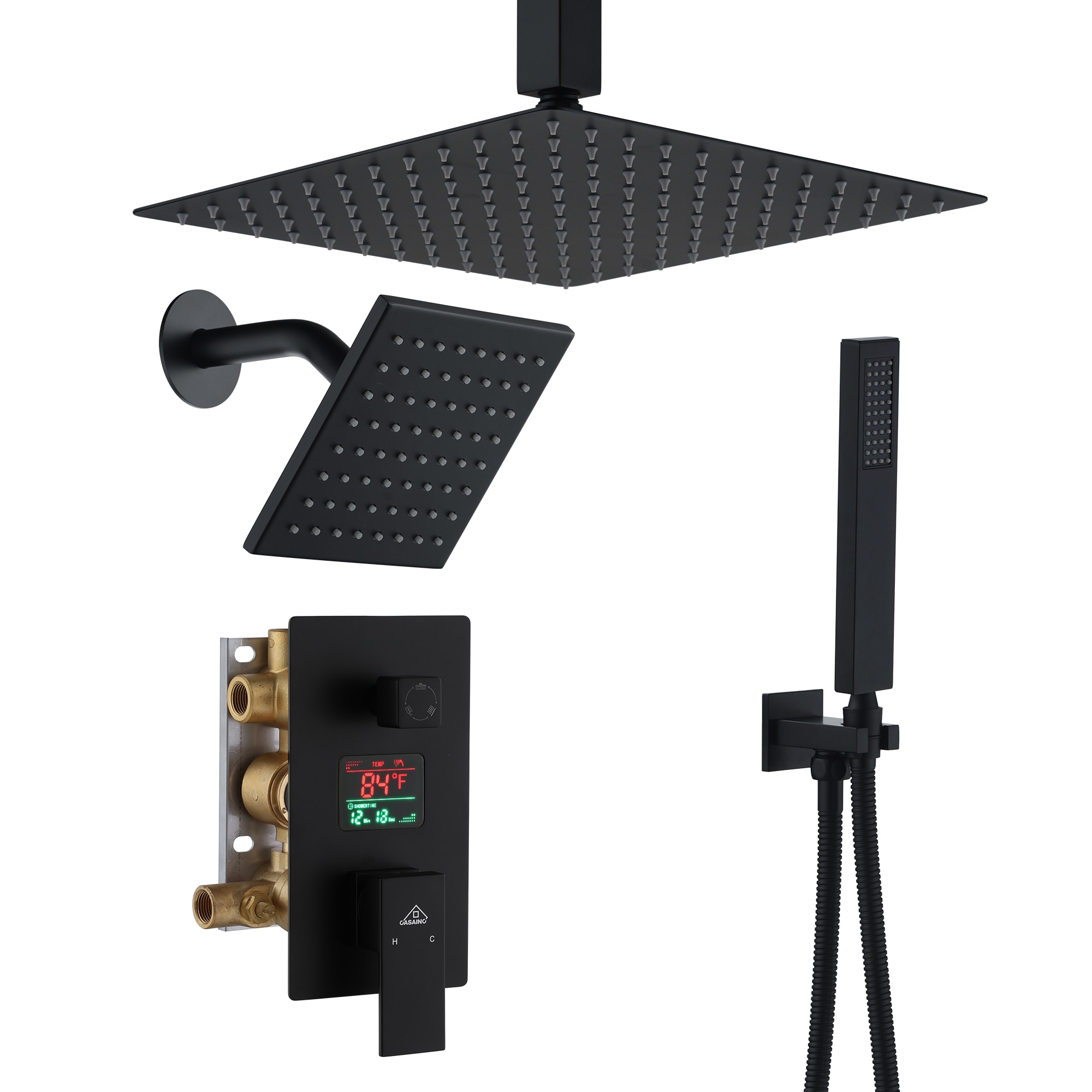 CASAINC KCHS0016-12MB Matte Black 12-in Dual Head Built-In Shower Faucet System with 3-way Diverter ( Thermostatic Valve Included )