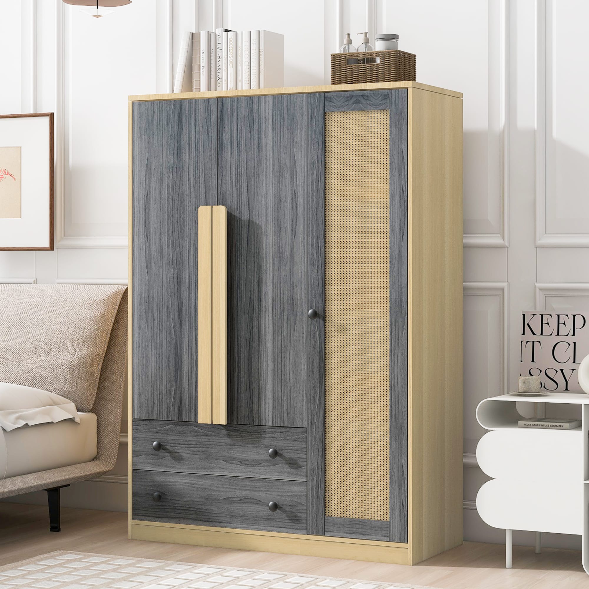 ModernLuxe L3P-N820S00024E 3Doors Wooden Rattan Wardrobe Storage for Bedroomwith 2 DrawersGrayNature