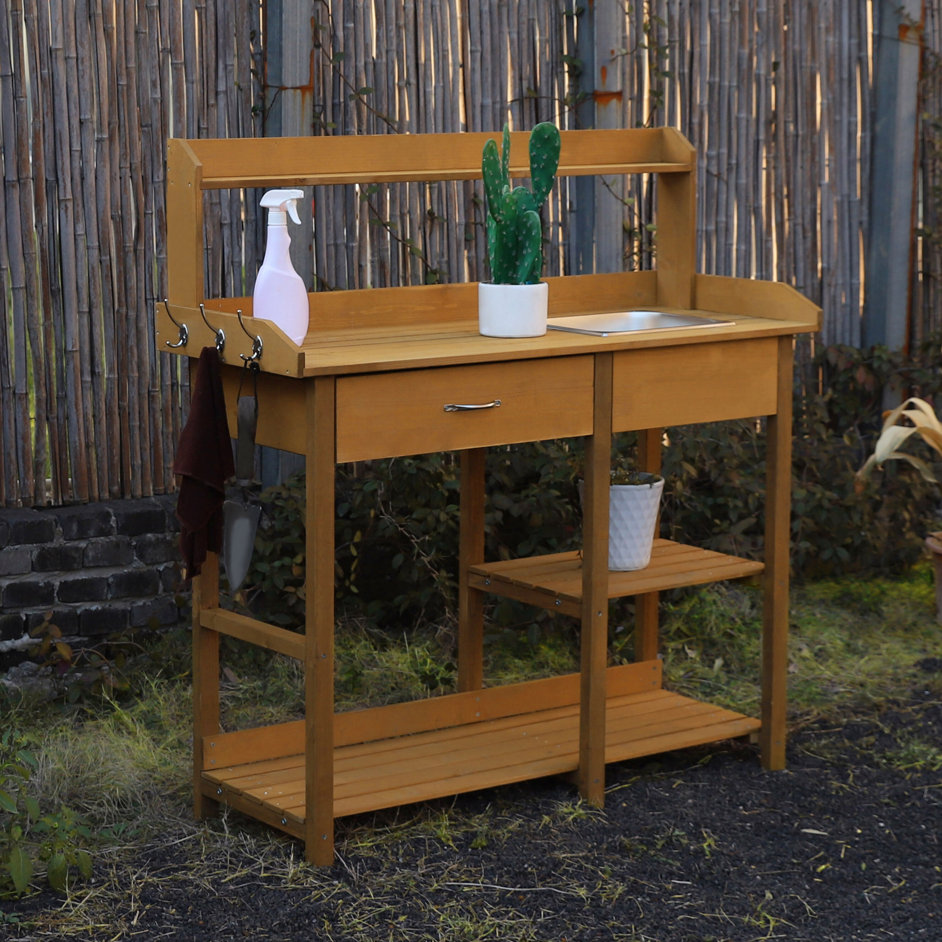 VEIKOUS PG0102-84-02GE Wooden Potting Bench Tables 46-in x 47.9-in x 15.3-in Natural Potting Bench