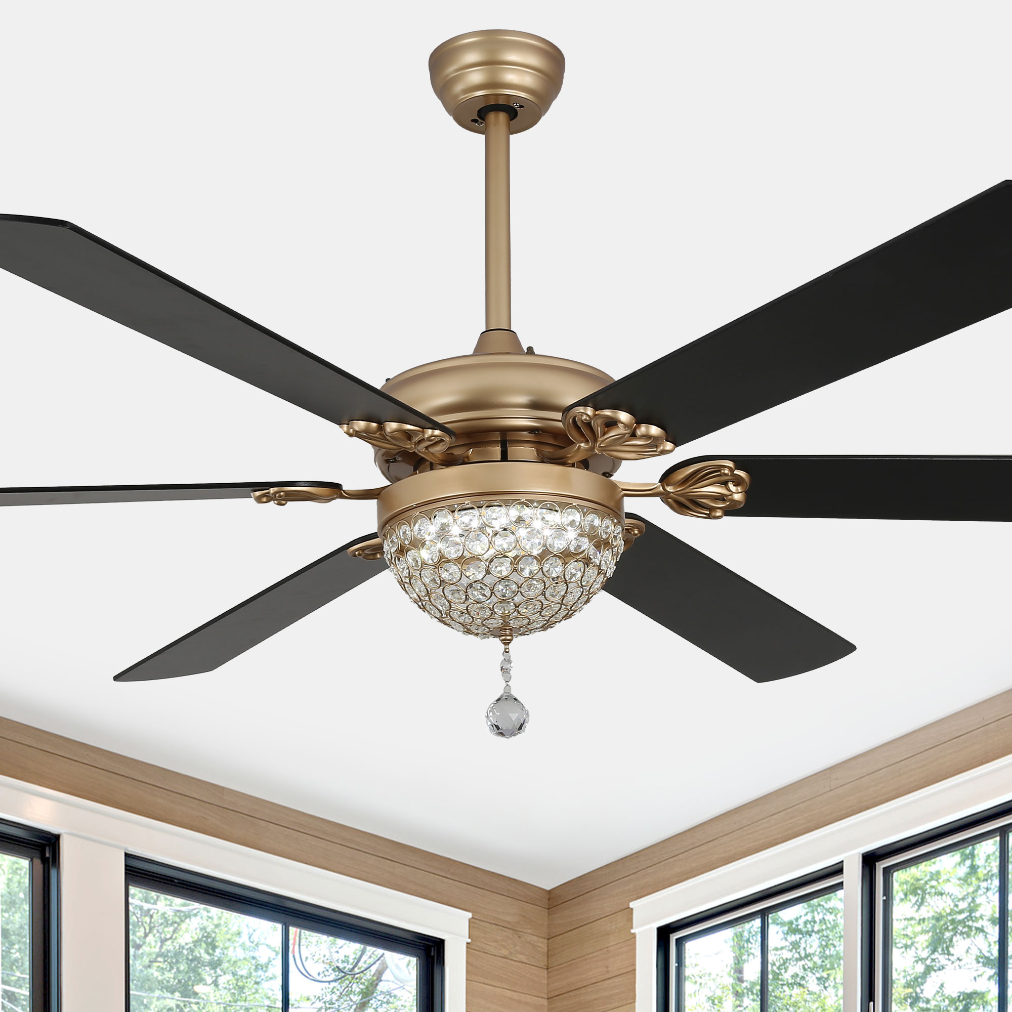 Bella Depot DCFSD6503-B Luminelle 65-in Color-Changing Integrated LED Gold with Black Blades Chandelier Ceiling Fan With Light 6 -Blade )
